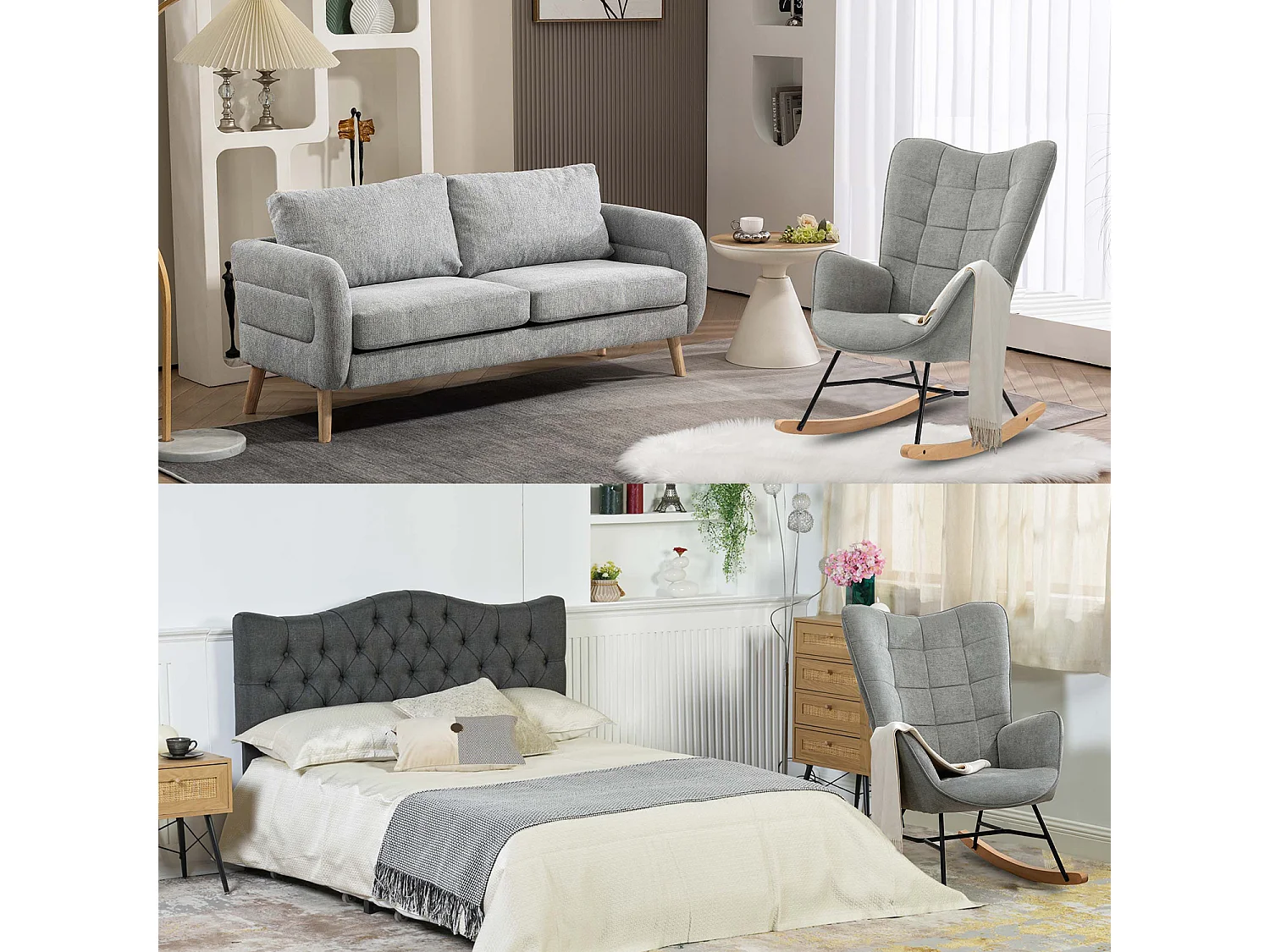 MEUBLES COSY Fauteuil à Bascule Allaitement Scandinave Chaise Loisir et Repos en Tissu avec Pieds en E' Bois Métal pour Salon, Chambre, Massif, Gris, 66x84x97cm