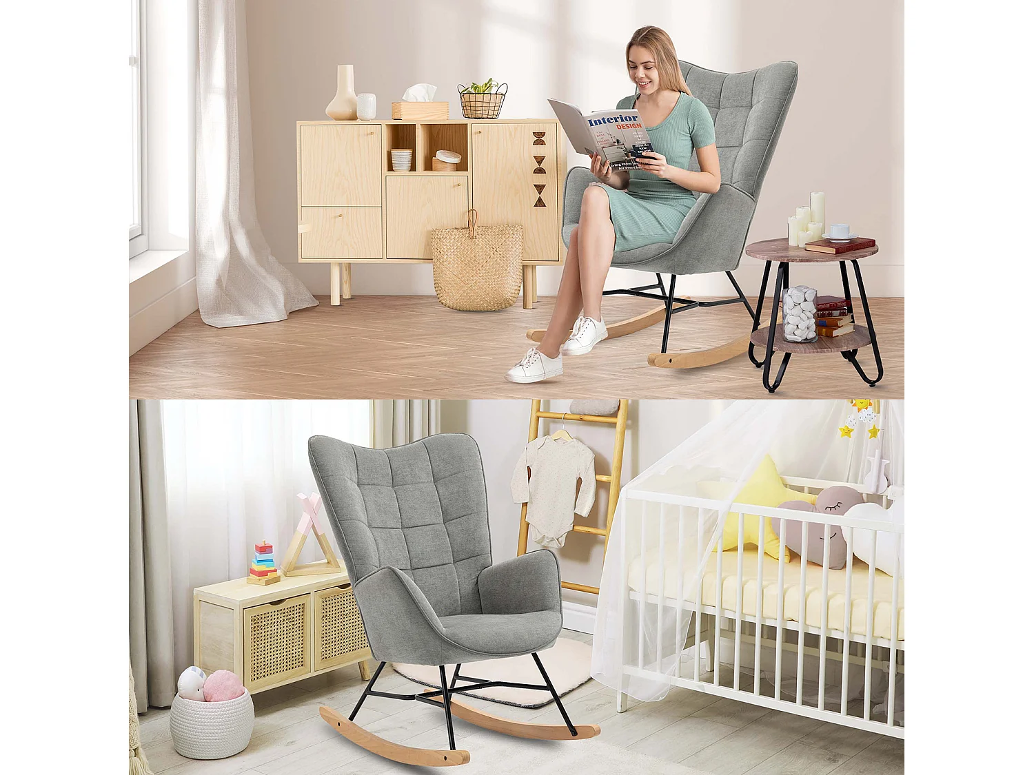 MEUBLES COSY Fauteuil à Bascule Allaitement Scandinave Chaise Loisir et Repos en Tissu avec Pieds en E' Bois Métal pour Salon, Chambre, Massif, Gris, 66x84x97cm