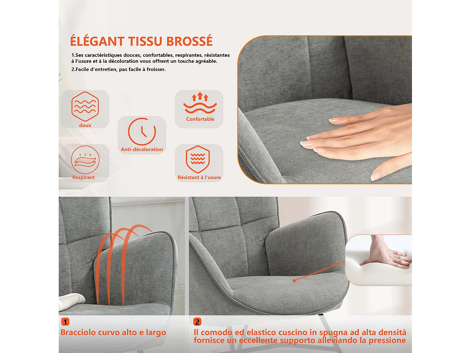 MEUBLES COSY Fauteuil à Bascule Allaitement Scandinave Chaise Loisir et Repos en Tissu avec Pieds en E' Bois Métal pour Salon, Chambre, Massif, Gris, 66x84x97cm