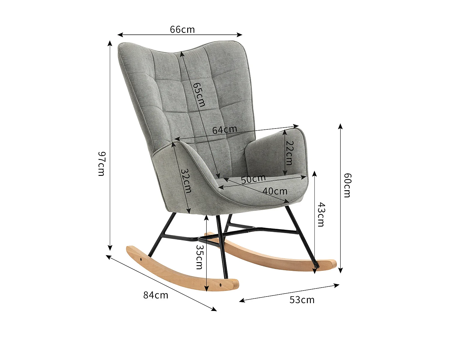 MEUBLES COSY Fauteuil à Bascule Allaitement Scandinave Chaise Loisir et Repos en Tissu avec Pieds en E' Bois Métal pour Salon, Chambre, Massif, Gris, 66x84x97cm