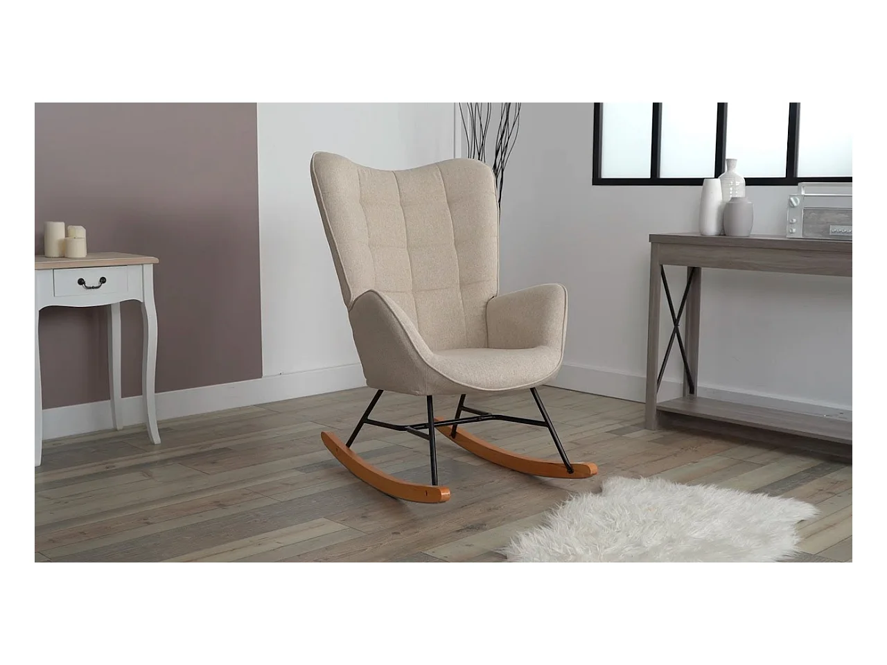 MEUBLES COSY Fauteuil à Bascule Allaitement Scandinave Chaise Loisir et Repos en Tissu avec Pieds en E' Bois Métal pour Salon, Chambre, Massif, Beige, 66x84x97cm