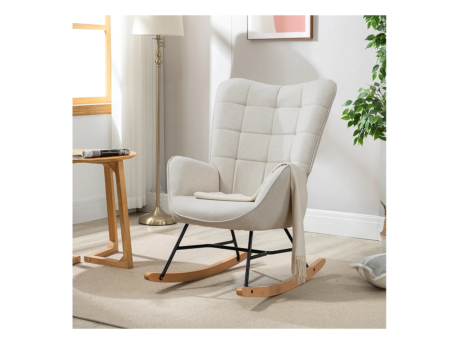 MEUBLES COSY Fauteuil à Bascule Allaitement Scandinave Chaise Loisir et Repos en Tissu avec Pieds en E' Bois Métal pour Salon, Chambre, Massif, Beige, 66x84x97cm