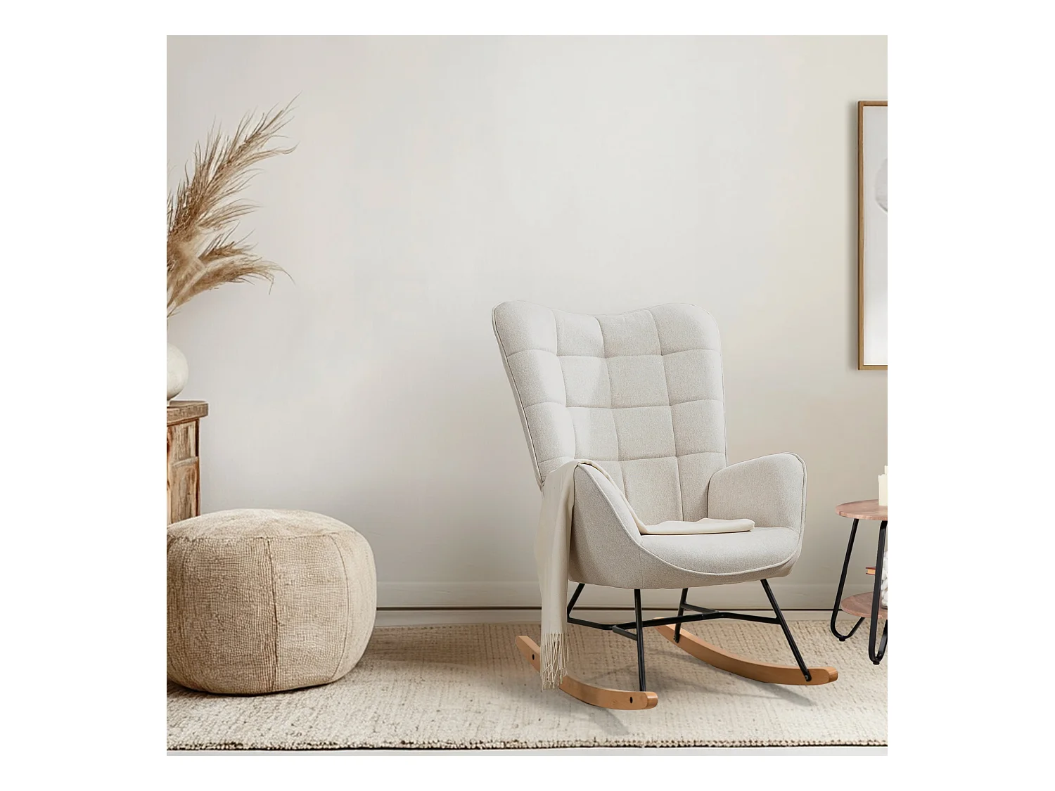 MEUBLES COSY Fauteuil à Bascule Allaitement Scandinave Chaise Loisir et Repos en Tissu avec Pieds en E' Bois Métal pour Salon, Chambre, Massif, Beige, 66x84x97cm