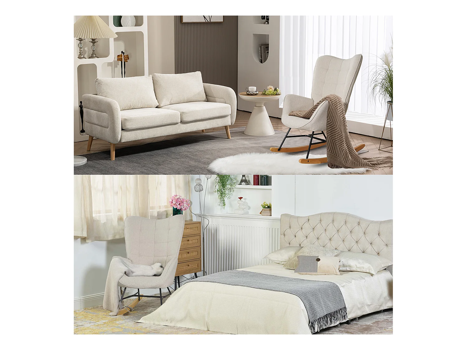 MEUBLES COSY Fauteuil à Bascule Allaitement Scandinave Chaise Loisir et Repos en Tissu avec Pieds en E' Bois Métal pour Salon, Chambre, Massif, Beige, 66x84x97cm