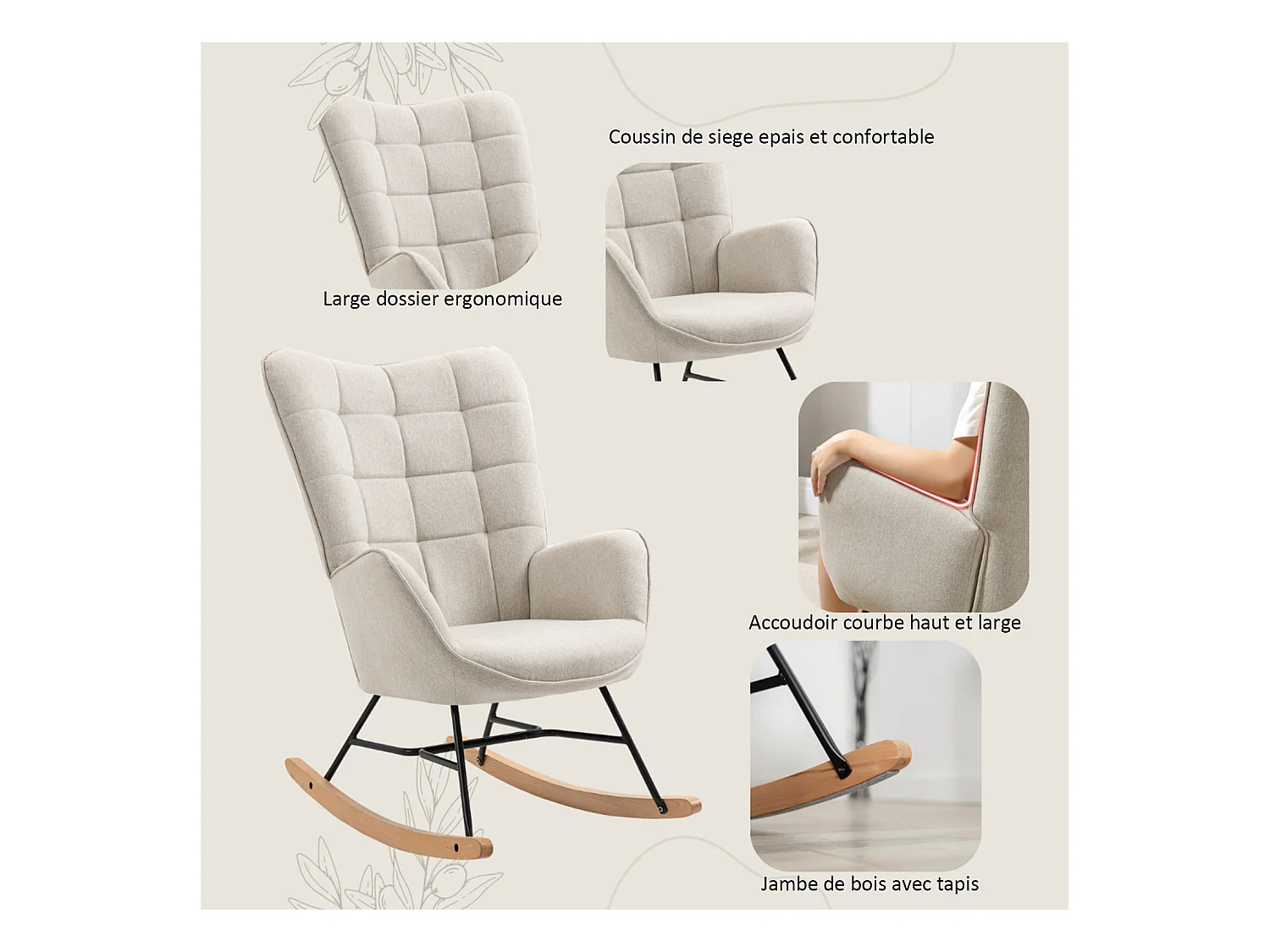 MEUBLES COSY Fauteuil à Bascule Allaitement Scandinave Chaise Loisir et Repos en Tissu avec Pieds en E' Bois Métal pour Salon, Chambre, Massif, Beige, 66x84x97cm