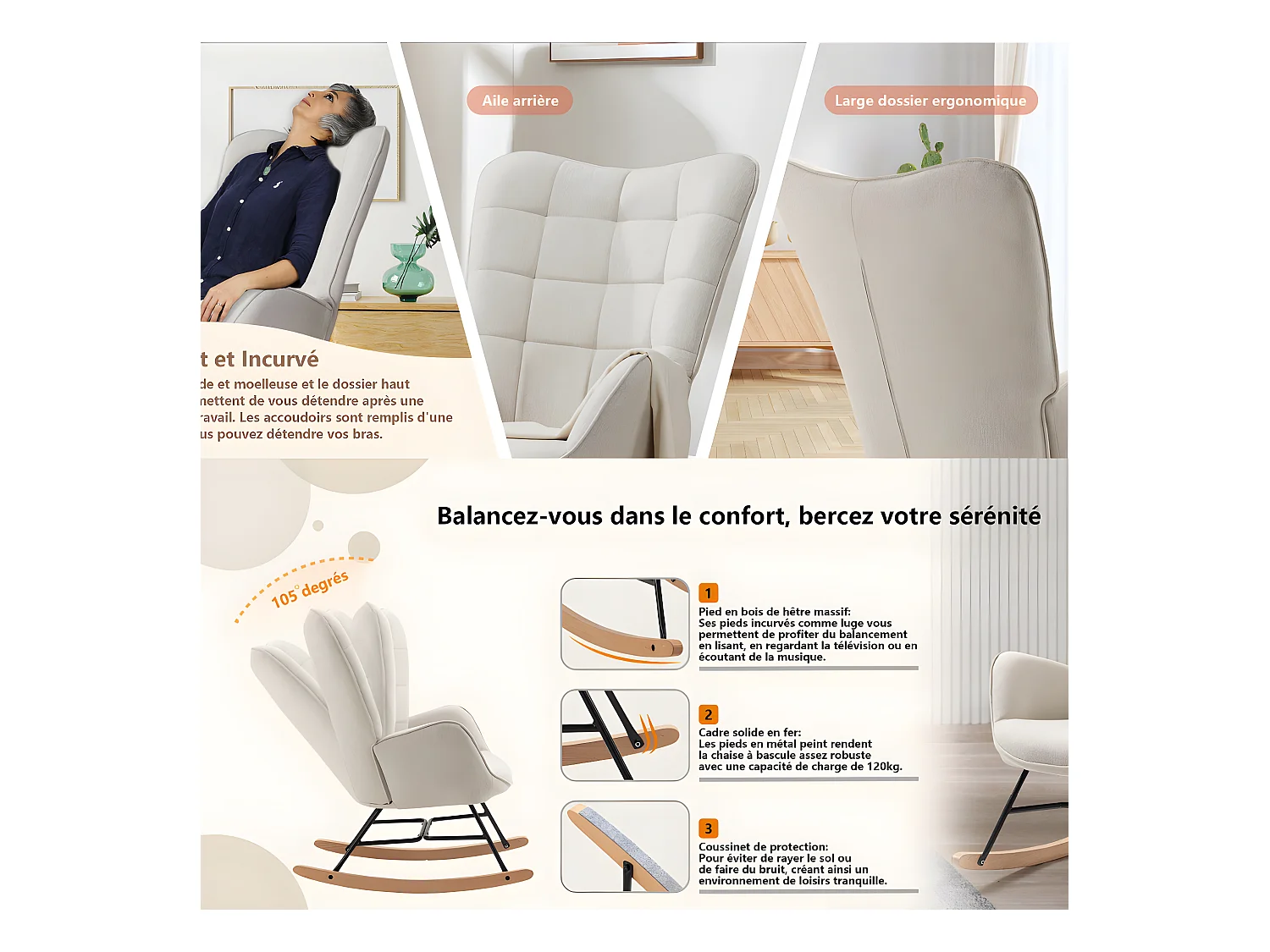 MEUBLES COSY Fauteuil à Bascule Allaitement Scandinave Chaise Loisir et Repos en Tissu avec Pieds en E' Bois Métal pour Salon, Chambre, Massif, Beige, 66x84x97cm