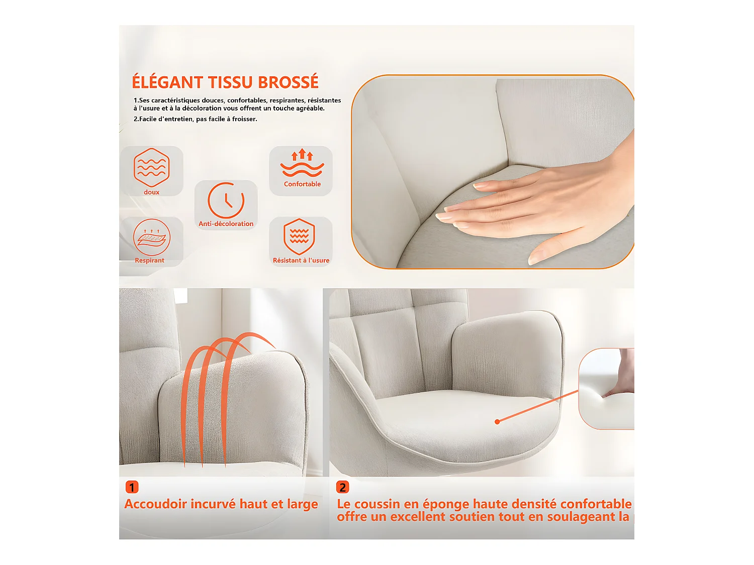 MEUBLES COSY Fauteuil à Bascule Allaitement Scandinave Chaise Loisir et Repos en Tissu avec Pieds en E' Bois Métal pour Salon, Chambre, Massif, Beige, 66x84x97cm