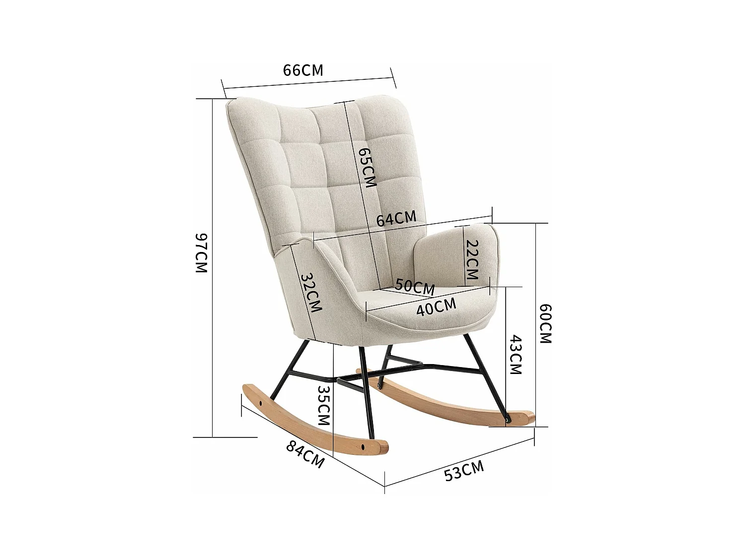 MEUBLES COSY Fauteuil à Bascule Allaitement Scandinave Chaise Loisir et Repos en Tissu avec Pieds en E' Bois Métal pour Salon, Chambre, Massif, Beige, 66x84x97cm