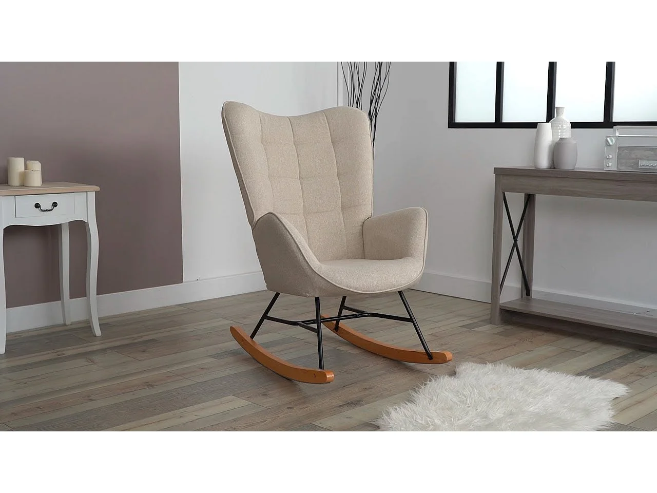 MEUBLES COSY Fauteuil à Bascule Allaitement Scandinave Chaise Loisir et Repos en Tissu avec Pieds en E' Bois Métal pour Salon, Chambre, Massif, Beige, 66x84x97cm