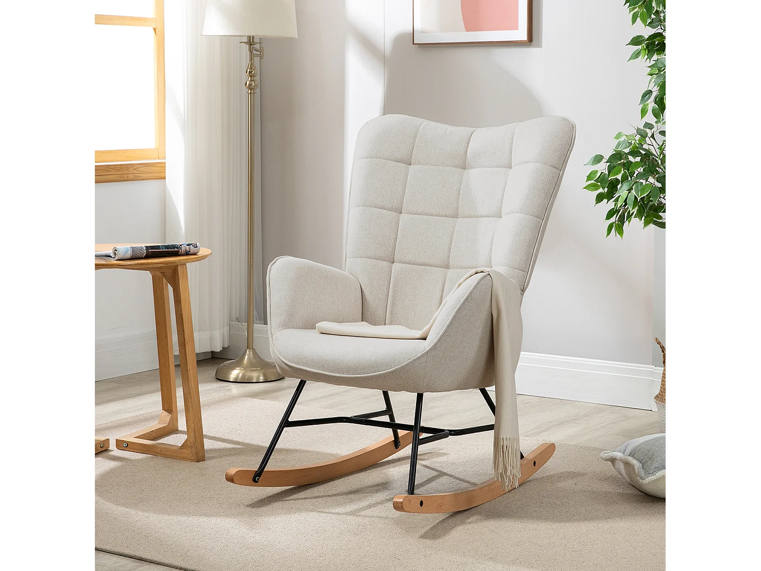 MEUBLES COSY Fauteuil à Bascule Allaitement Scandinave Chaise Loisir et Repos en Tissu avec Pieds en E' Bois Métal pour Salon, Chambre, Massif, Beige, 66x84x97cm