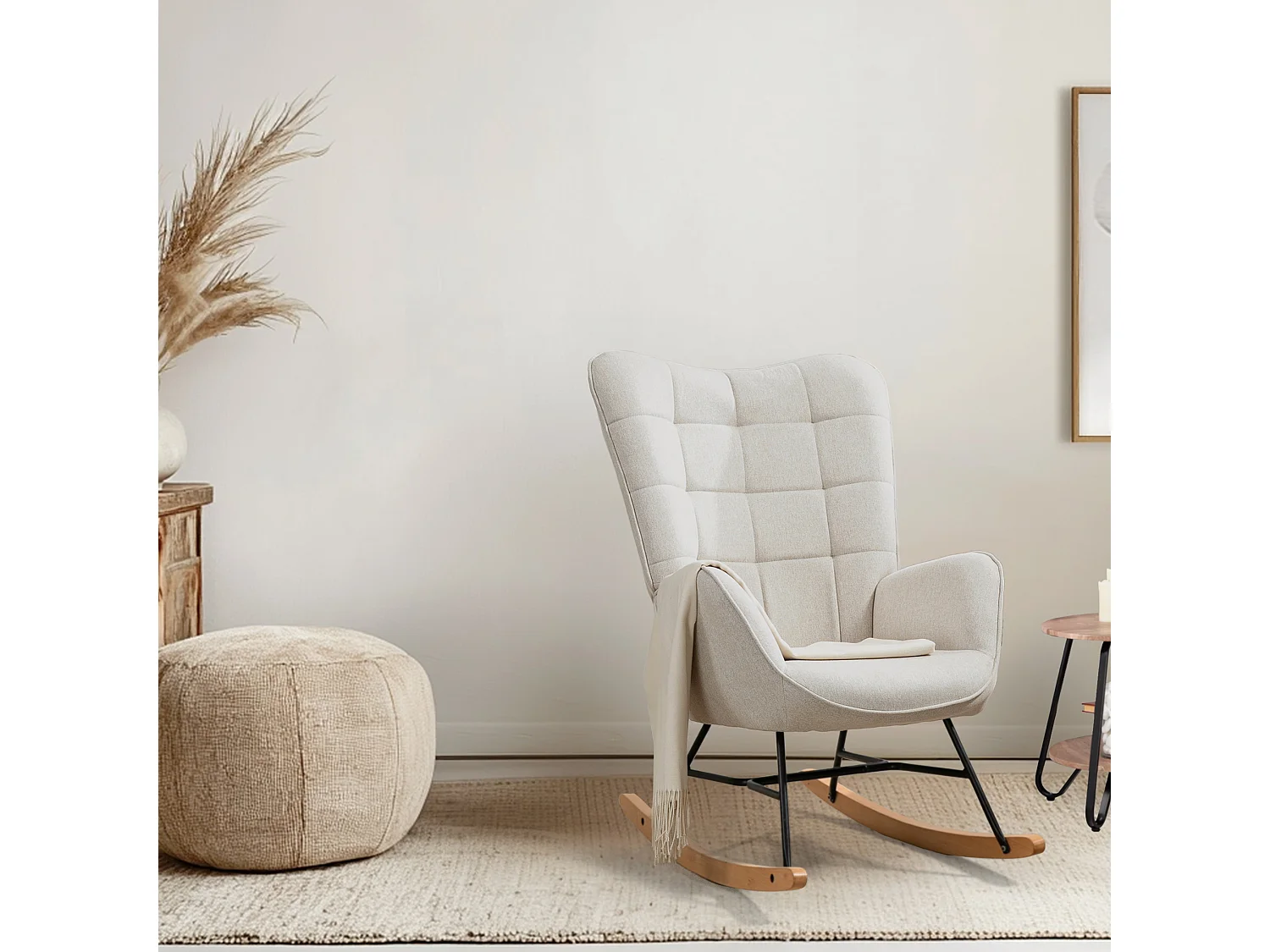 MEUBLES COSY Fauteuil à Bascule Allaitement Scandinave Chaise Loisir et Repos en Tissu avec Pieds en E' Bois Métal pour Salon, Chambre, Massif, Beige, 66x84x97cm