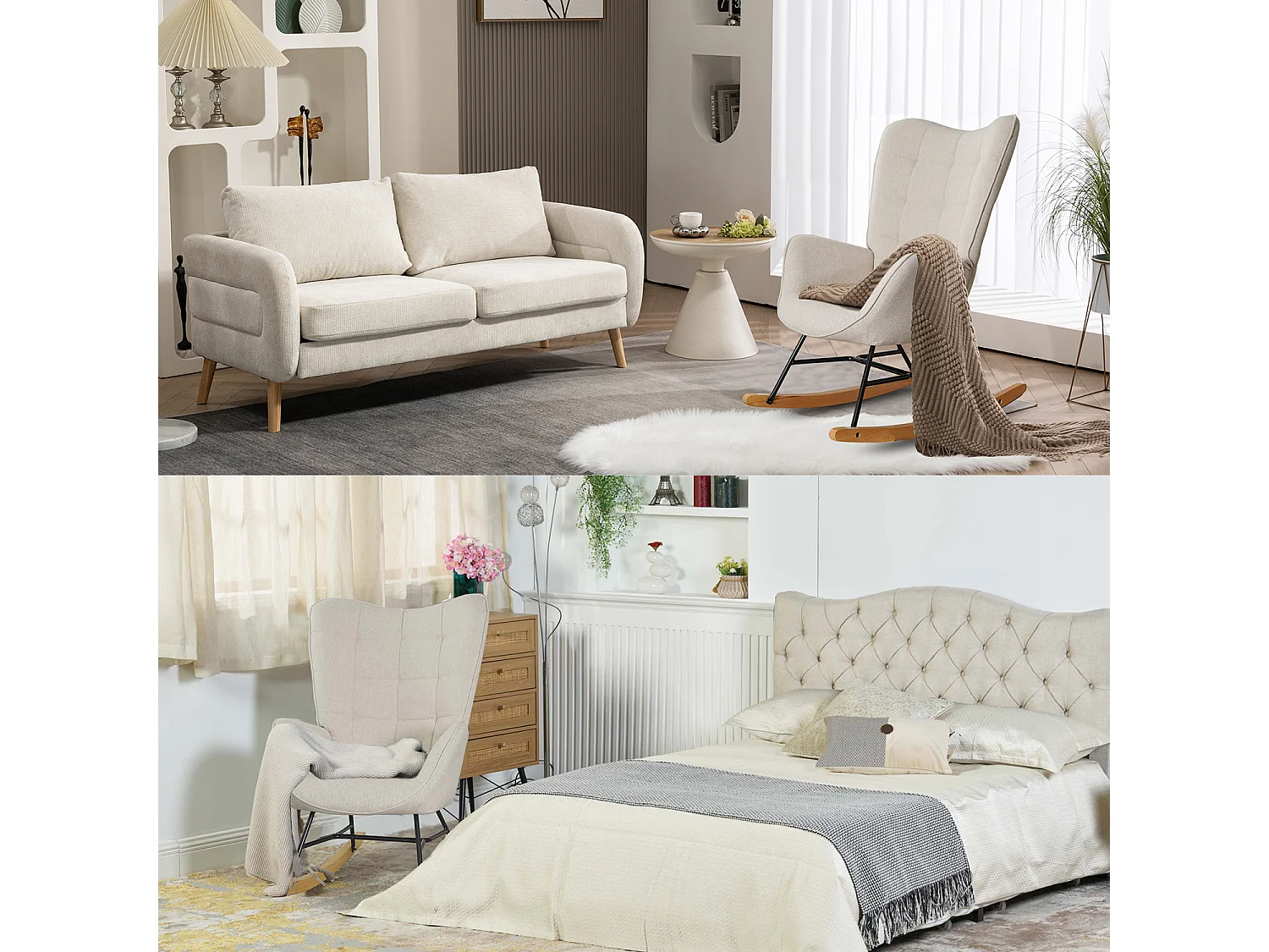 MEUBLES COSY Fauteuil à Bascule Allaitement Scandinave Chaise Loisir et Repos en Tissu avec Pieds en E' Bois Métal pour Salon, Chambre, Massif, Beige, 66x84x97cm