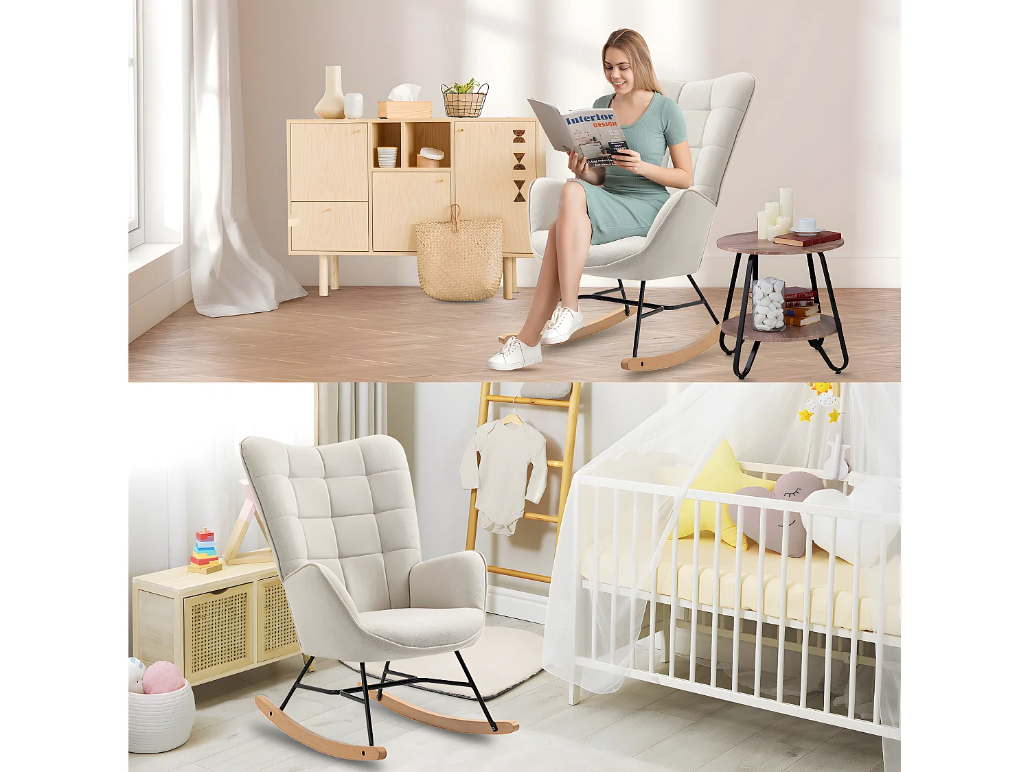 MEUBLES COSY Fauteuil à Bascule Allaitement Scandinave Chaise Loisir et Repos en Tissu avec Pieds en E' Bois Métal pour Salon, Chambre, Massif, Beige, 66x84x97cm