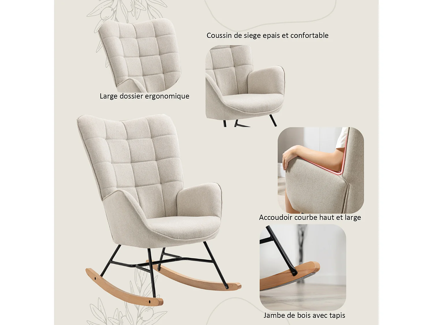 MEUBLES COSY Fauteuil à Bascule Allaitement Scandinave Chaise Loisir et Repos en Tissu avec Pieds en E' Bois Métal pour Salon, Chambre, Massif, Beige, 66x84x97cm