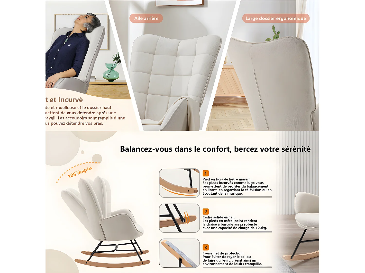 MEUBLES COSY Fauteuil à Bascule Allaitement Scandinave Chaise Loisir et Repos en Tissu avec Pieds en E' Bois Métal pour Salon, Chambre, Massif, Beige, 66x84x97cm