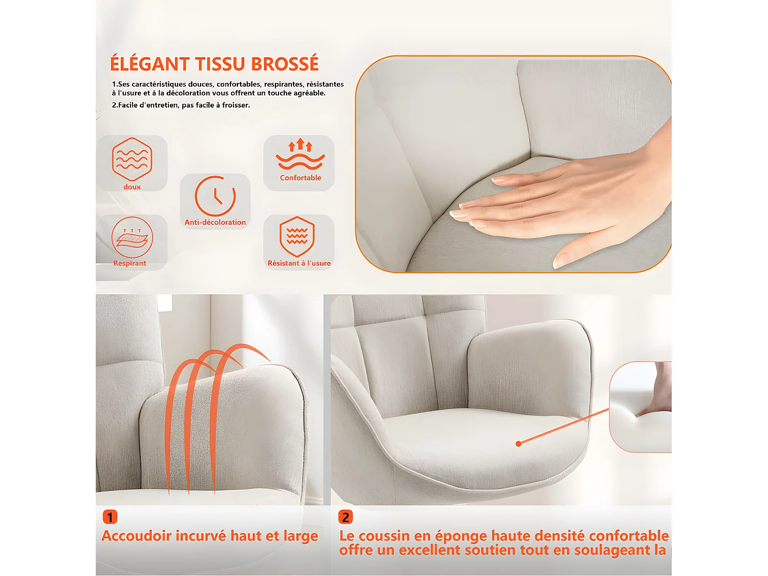 MEUBLES COSY Fauteuil à Bascule Allaitement Scandinave Chaise Loisir et Repos en Tissu avec Pieds en E' Bois Métal pour Salon, Chambre, Massif, Beige, 66x84x97cm