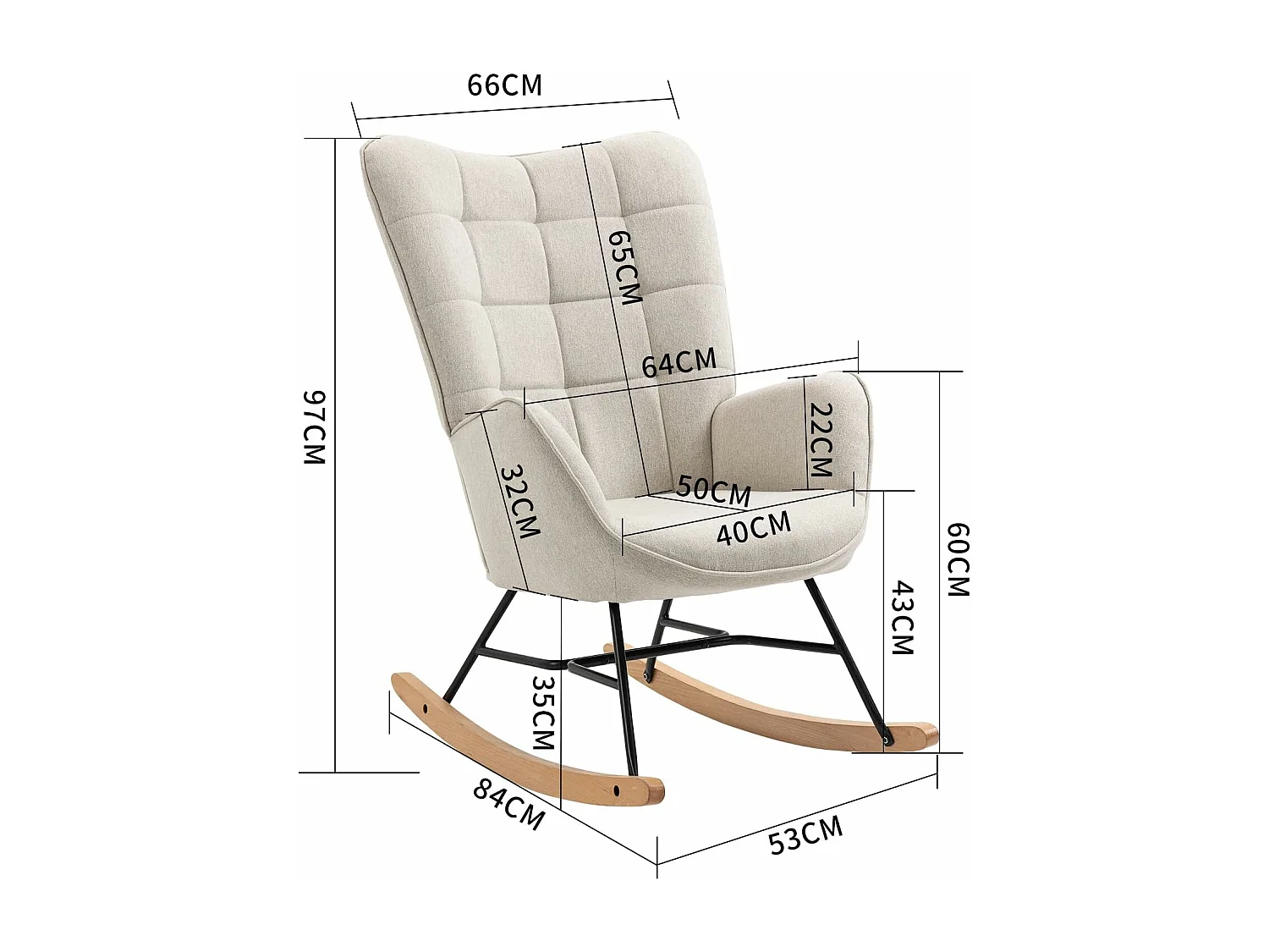 MEUBLES COSY Fauteuil à Bascule Allaitement Scandinave Chaise Loisir et Repos en Tissu avec Pieds en E' Bois Métal pour Salon, Chambre, Massif, Beige, 66x84x97cm