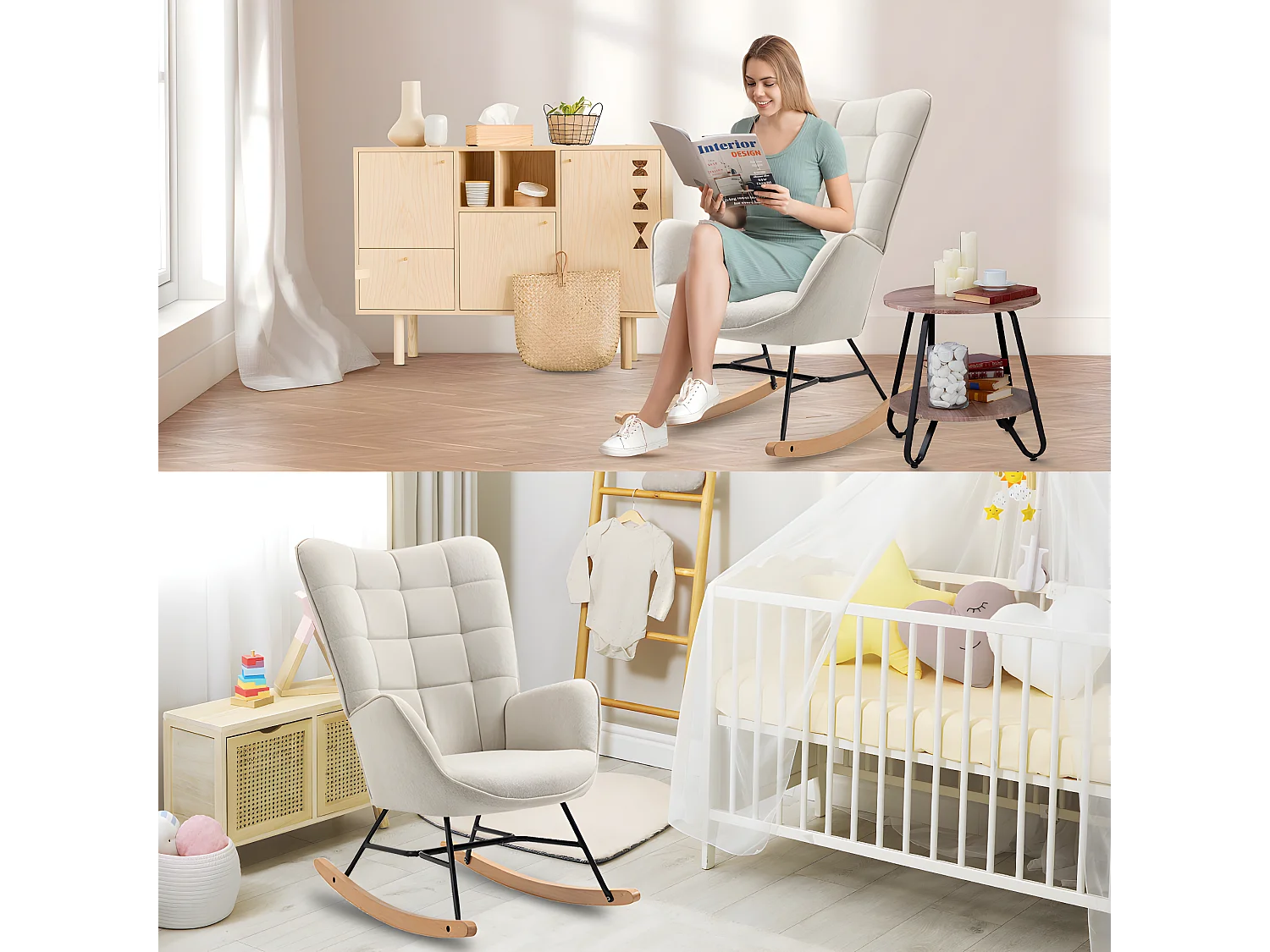 MEUBLES COSY Fauteuil à Bascule Allaitement Scandinave Chaise Loisir et Repos en Tissu avec Pieds en E' Bois Métal pour Salon, Chambre, Massif, Beige, 66x84x97cm