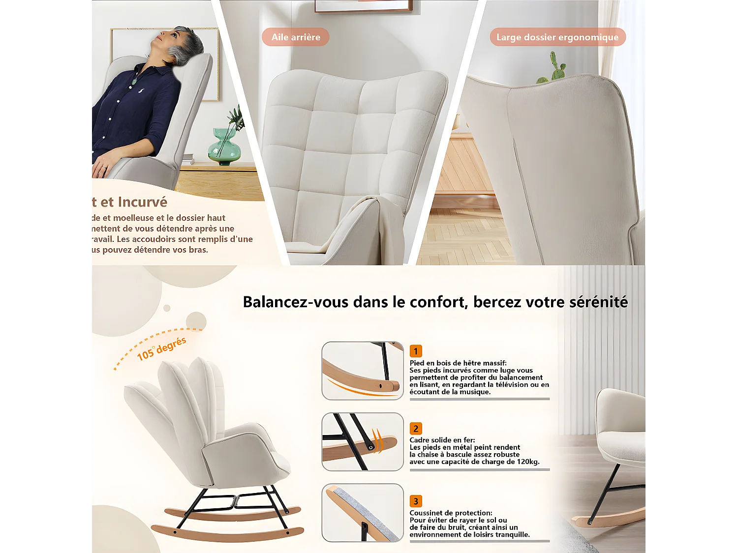 MEUBLES COSY Fauteuil à Bascule Allaitement Scandinave Chaise Loisir et Repos en Tissu avec Pieds en E' Bois Métal pour Salon, Chambre, Massif, Beige, 66x84x97cm