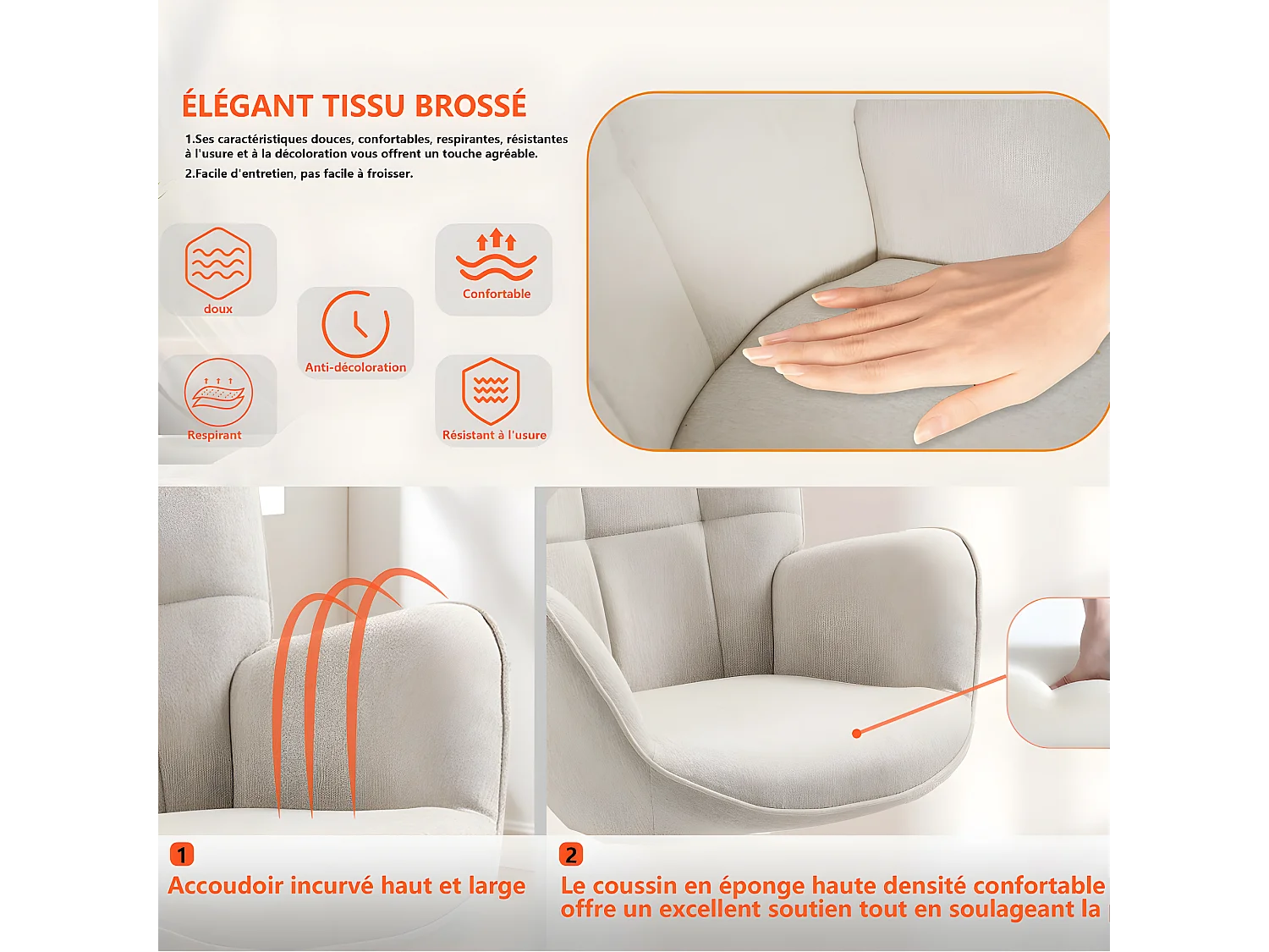 MEUBLES COSY Fauteuil à Bascule Allaitement Scandinave Chaise Loisir et Repos en Tissu avec Pieds en E' Bois Métal pour Salon, Chambre, Massif, Beige, 66x84x97cm