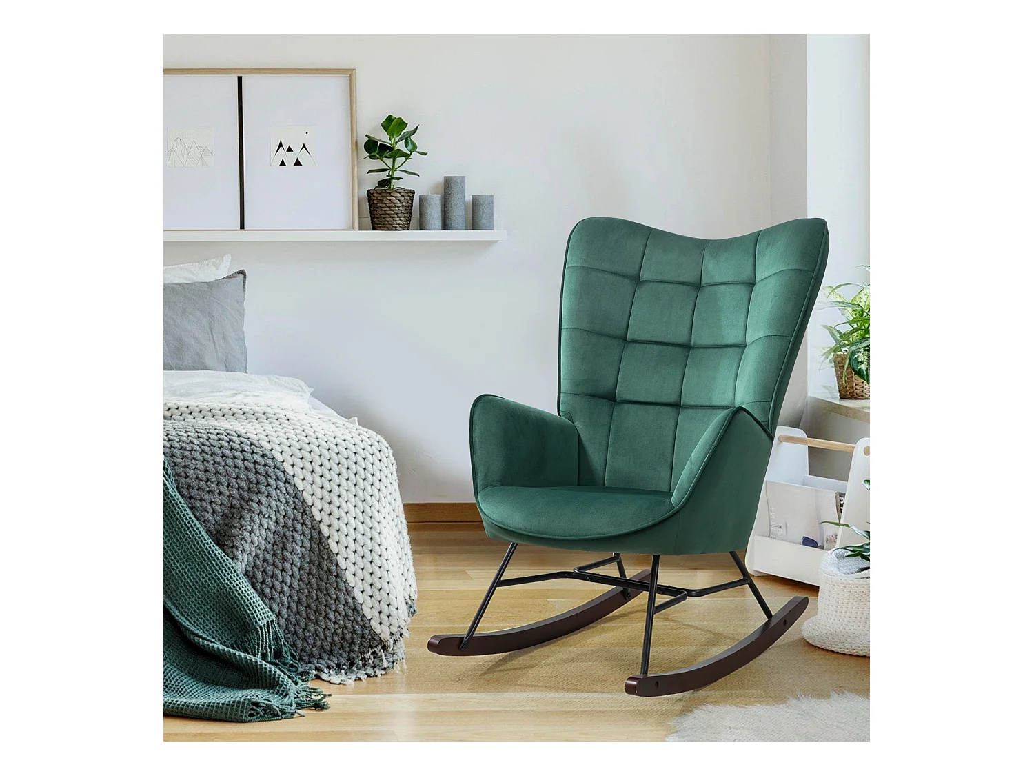Fauteuil à bascule rocking chair fauteuil d'allaitement style scandinave en velours vert