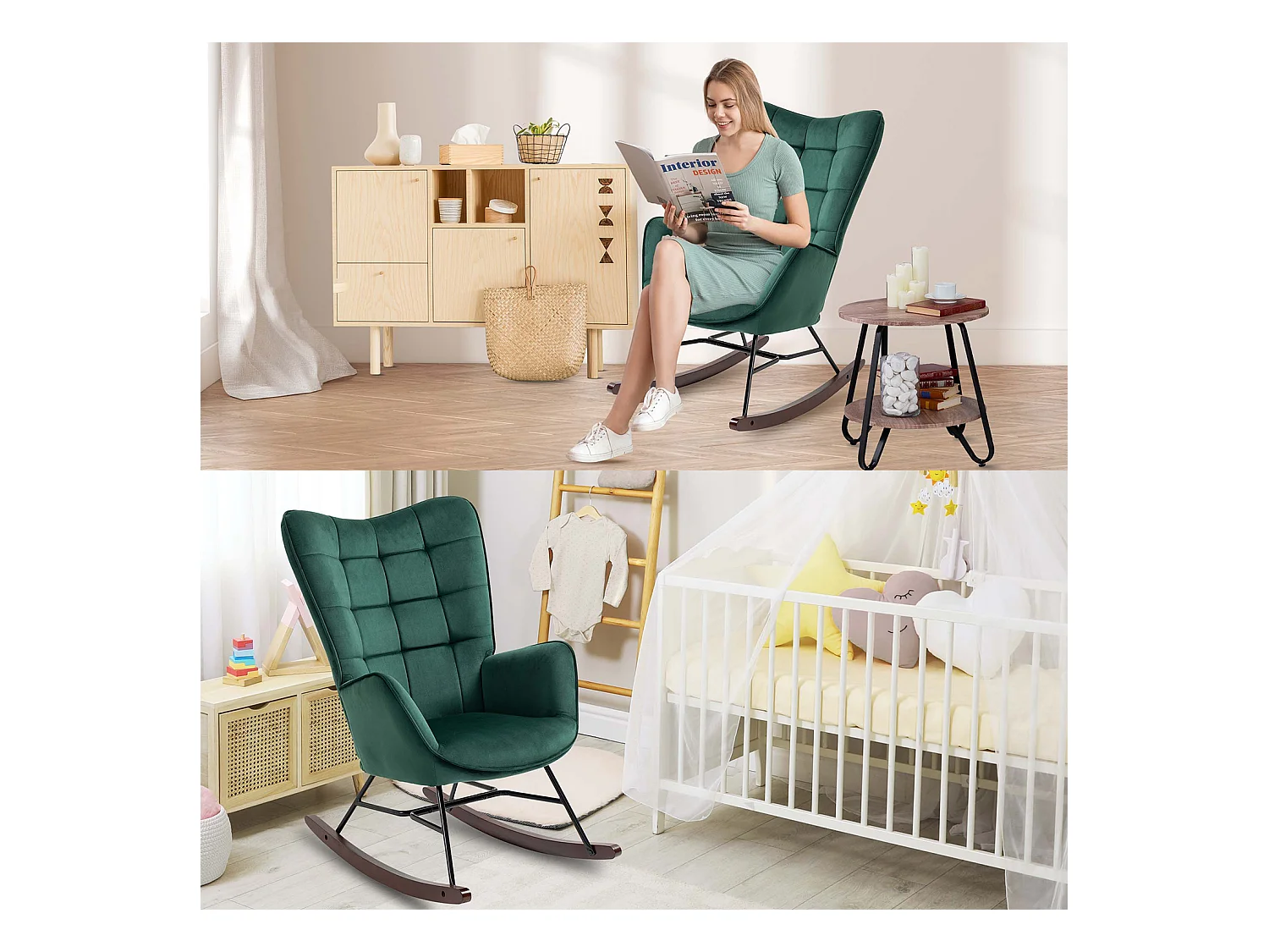 Fauteuil à bascule rocking chair fauteuil d'allaitement style scandinave en velours vert