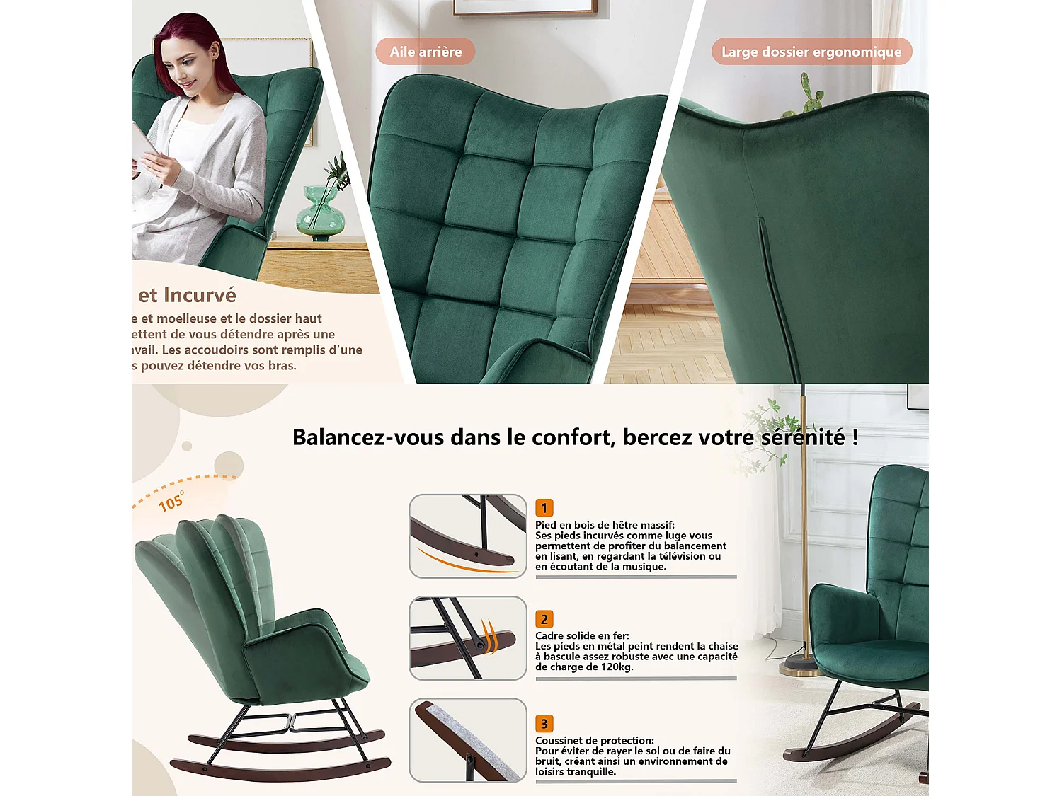 Fauteuil à bascule rocking chair fauteuil d'allaitement style scandinave en velours vert