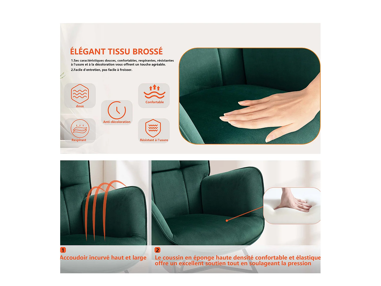 Fauteuil à bascule rocking chair fauteuil d'allaitement style scandinave en velours vert