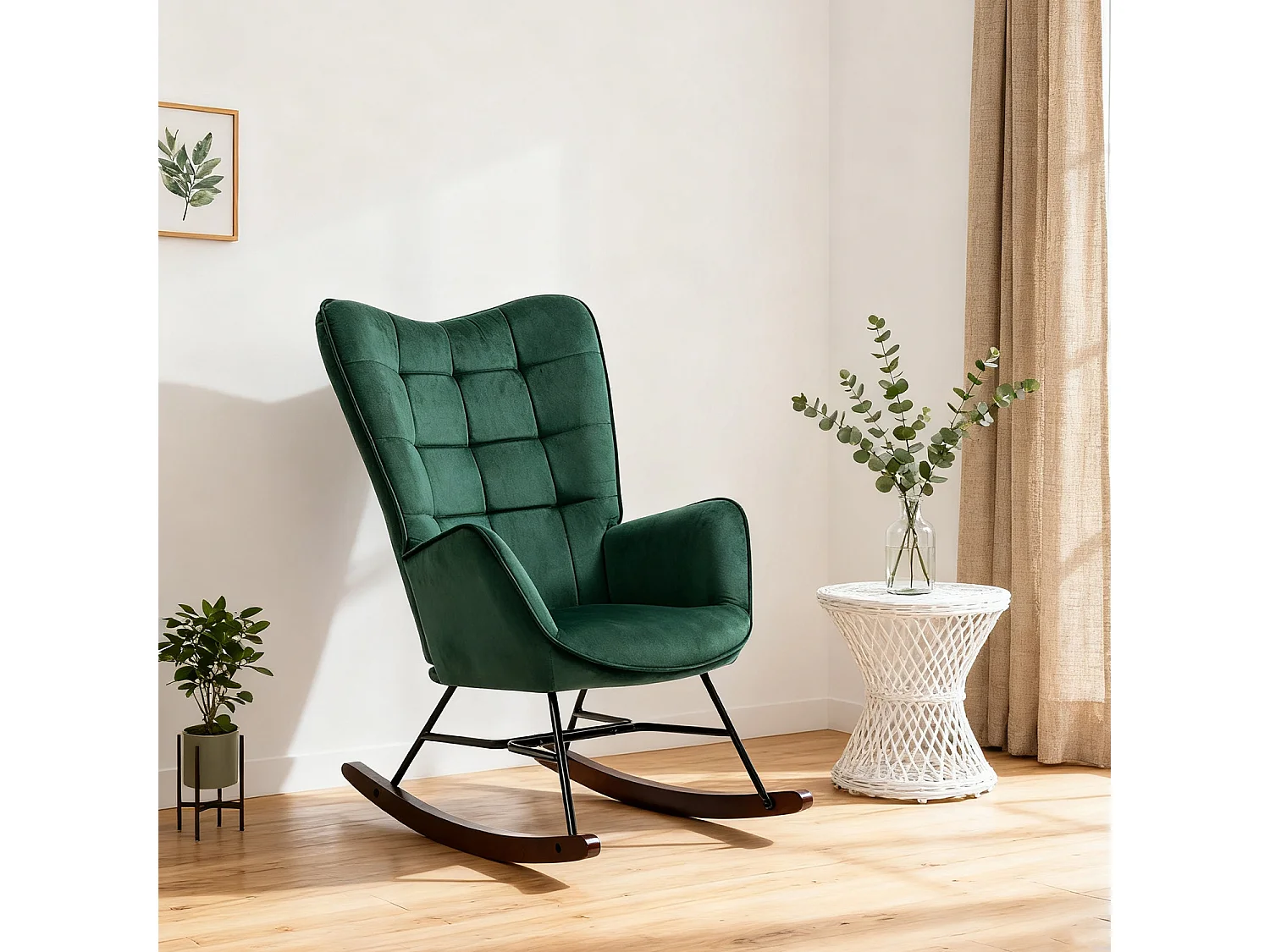 MEUBLES COSY FUNKEL fauteuil à bascule rétro en velours pour allaitement et repos, chaise de loisir avec pieds en bois et métal, Vert