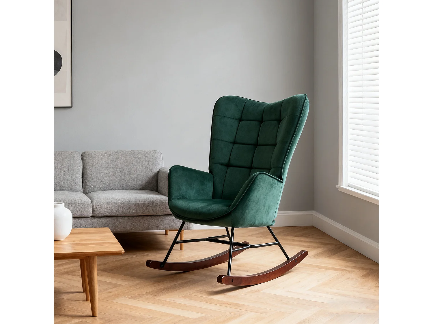 MEUBLES COSY FUNKEL fauteuil à bascule rétro en velours pour allaitement et repos, chaise de loisir avec pieds en bois et métal, Vert