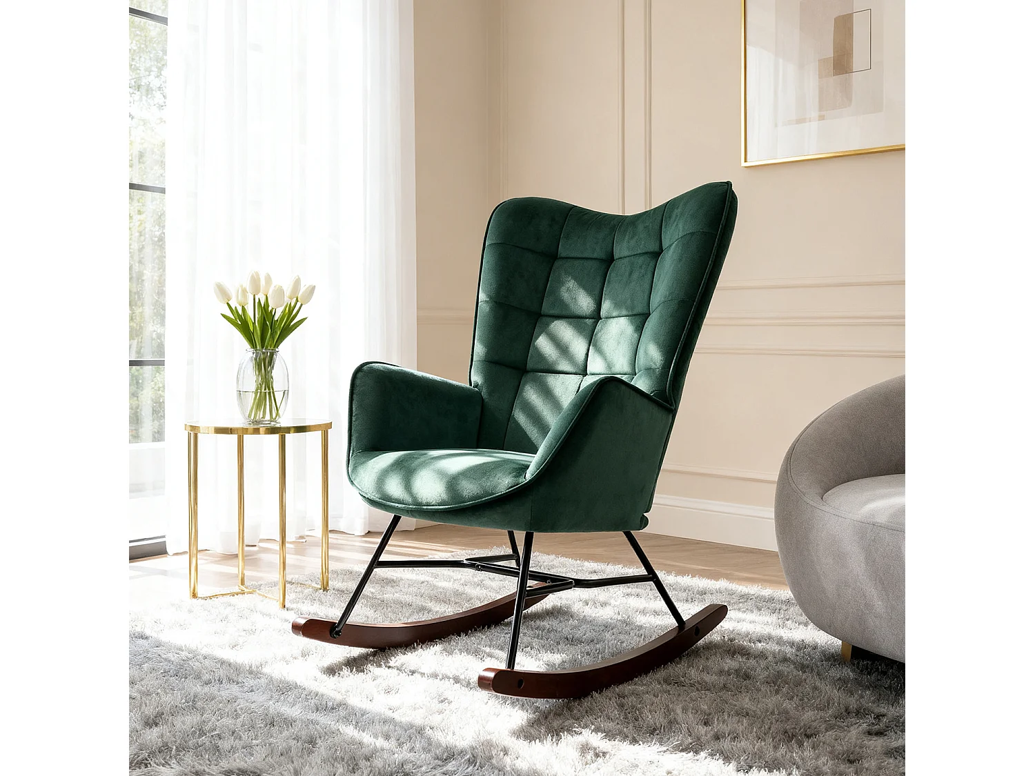 MEUBLES COSY FUNKEL fauteuil à bascule rétro en velours pour allaitement et repos, chaise de loisir avec pieds en bois et métal, Vert