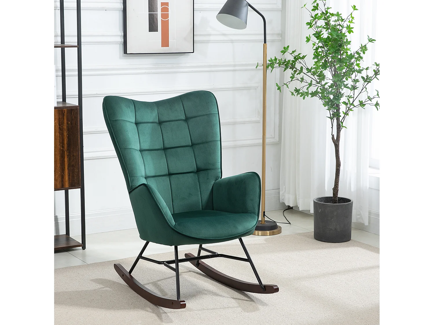 MEUBLES COSY FUNKEL fauteuil à bascule rétro en velours pour allaitement et repos, chaise de loisir avec pieds en bois et métal, Vert