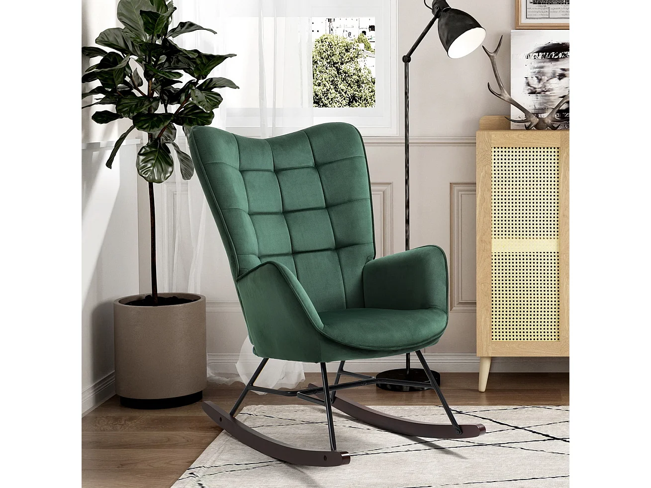 MEUBLES COSY FUNKEL fauteuil à bascule rétro en velours pour allaitement et repos, chaise de loisir avec pieds en bois et métal, Vert