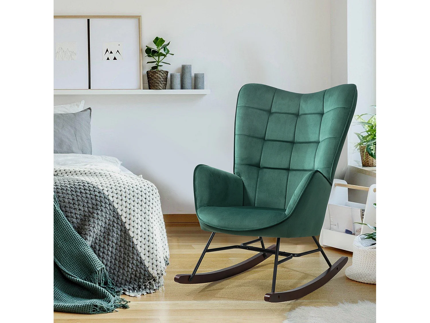 MEUBLES COSY FUNKEL fauteuil à bascule rétro en velours pour allaitement et repos, chaise de loisir avec pieds en bois et métal, Vert