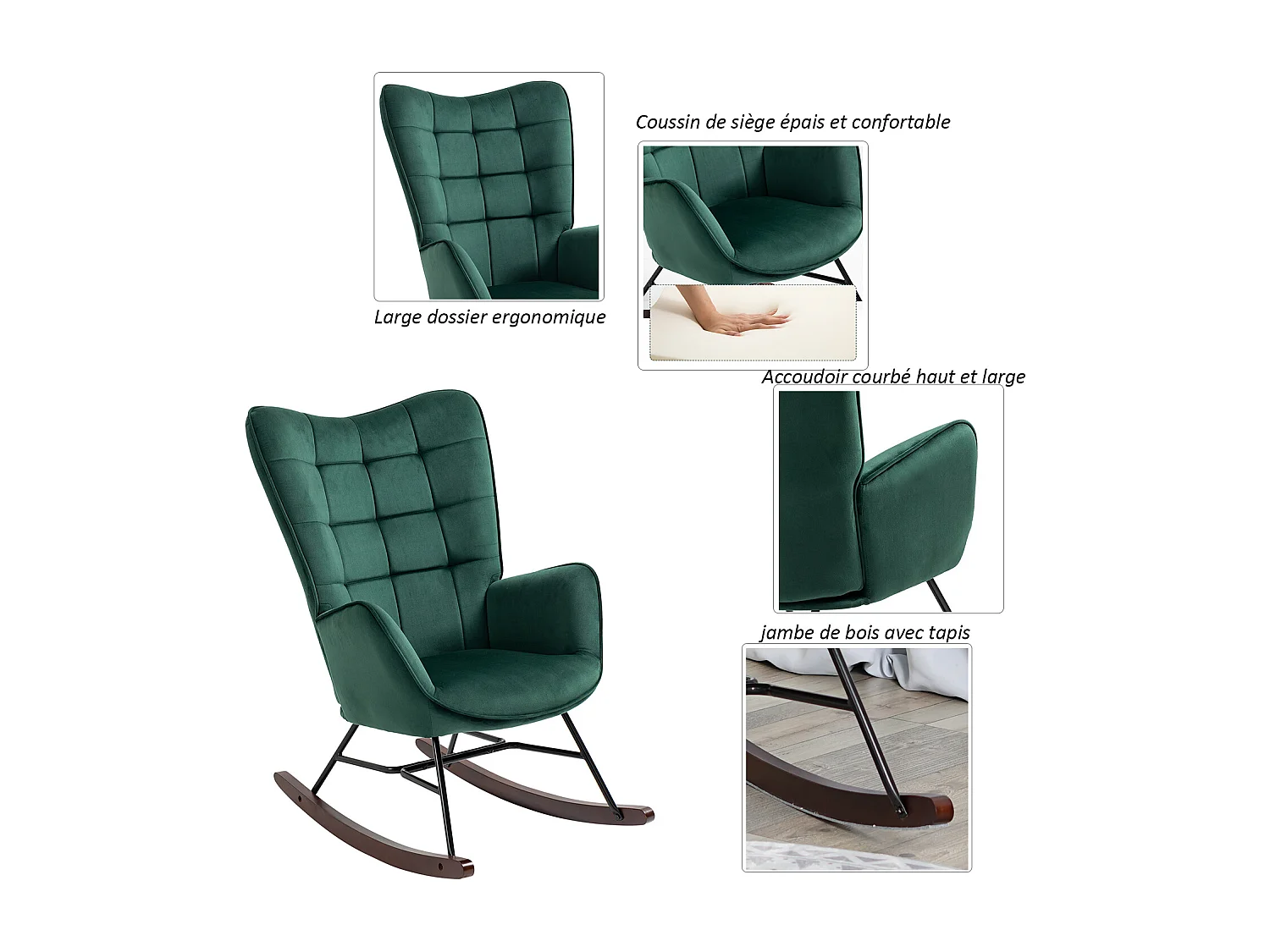 MEUBLES COSY FUNKEL fauteuil à bascule rétro en velours pour allaitement et repos, chaise de loisir avec pieds en bois et métal, Vert