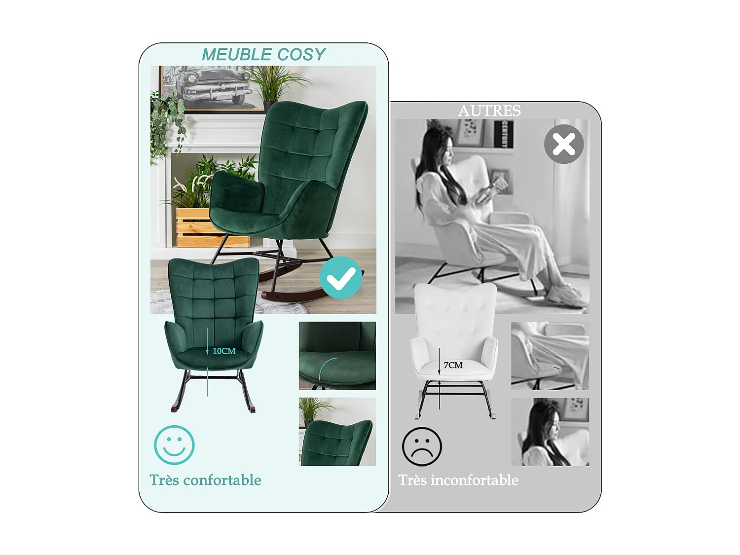 MEUBLES COSY FUNKEL fauteuil à bascule rétro en velours pour allaitement et repos, chaise de loisir avec pieds en bois et métal, Vert