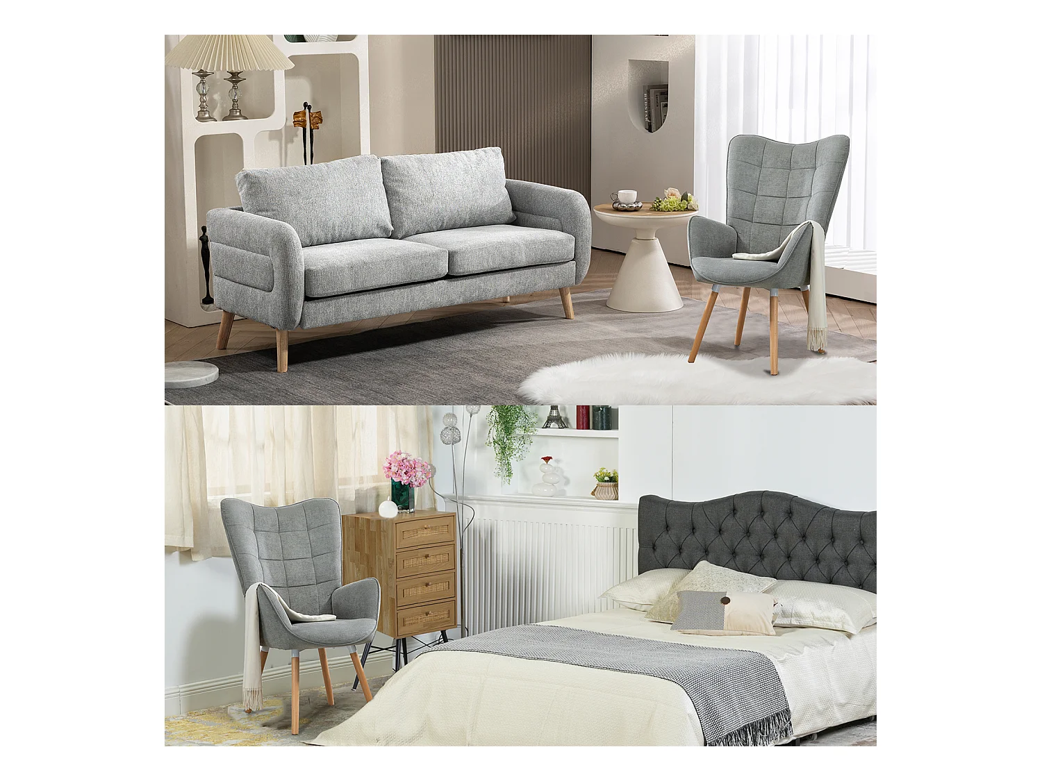 MEUBLES COSY Fauteuil relax fauteuil confortable style scandinave rembourés en tissu pieds bois massif,Gris