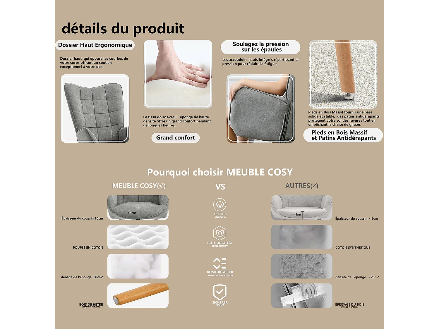 MEUBLES COSY Fauteuil relax fauteuil confortable style scandinave rembourés en tissu pieds bois massif,Gris