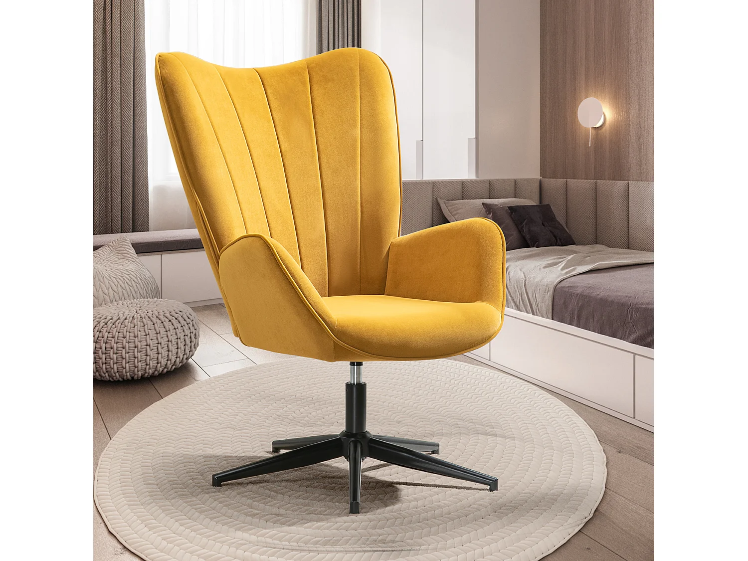 Fauteuil Scandinave Chaise Pivotant pour Bureau Salon Chambre avec Un revêtement en Tissu des Accoudoirs Rembourés, Métal, Jaune, 68x87x99cm