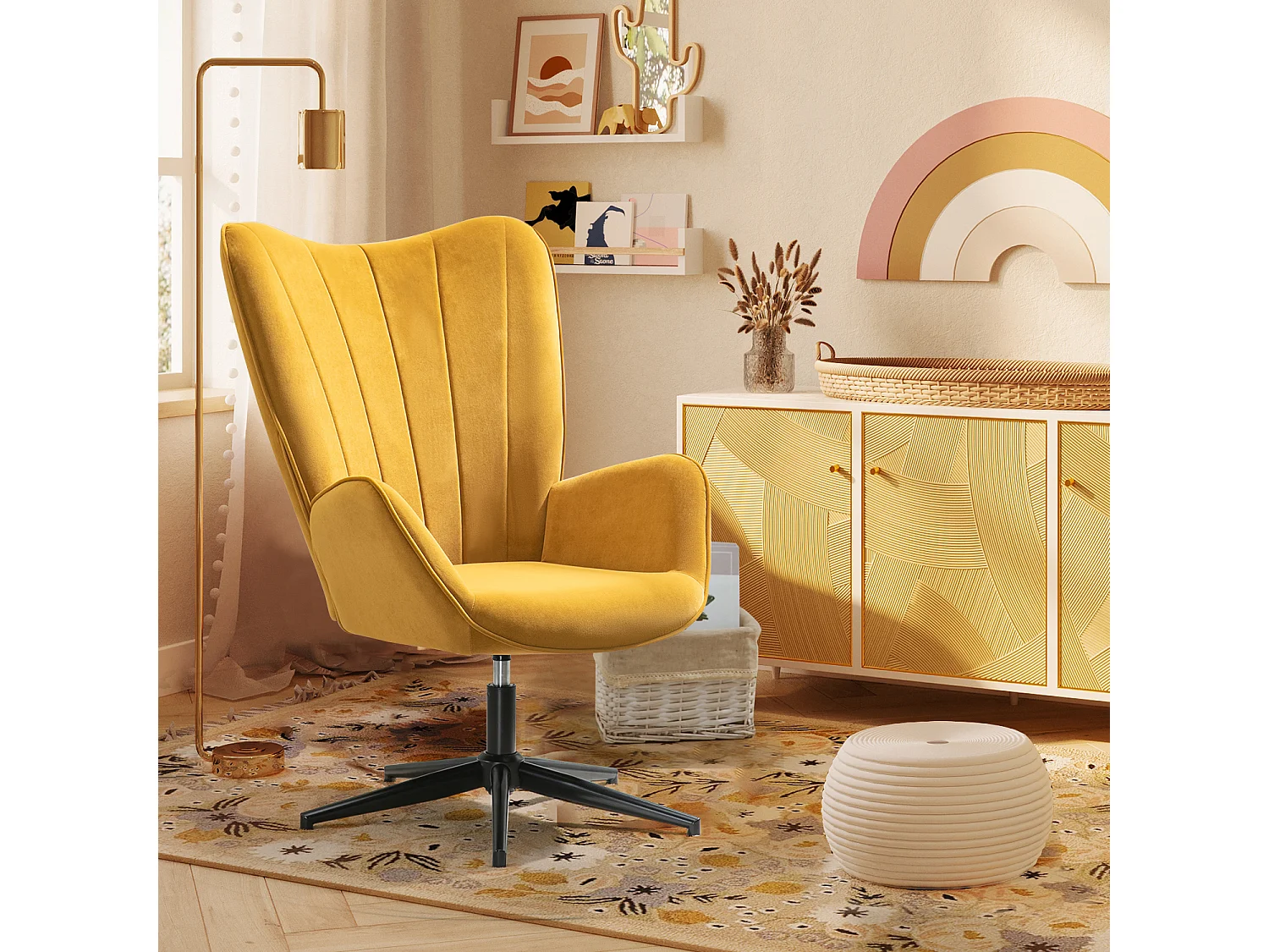 Fauteuil Scandinave Chaise Pivotant pour Bureau Salon Chambre avec Un revêtement en Tissu des Accoudoirs Rembourés, Métal, Jaune, 68x87x99cm