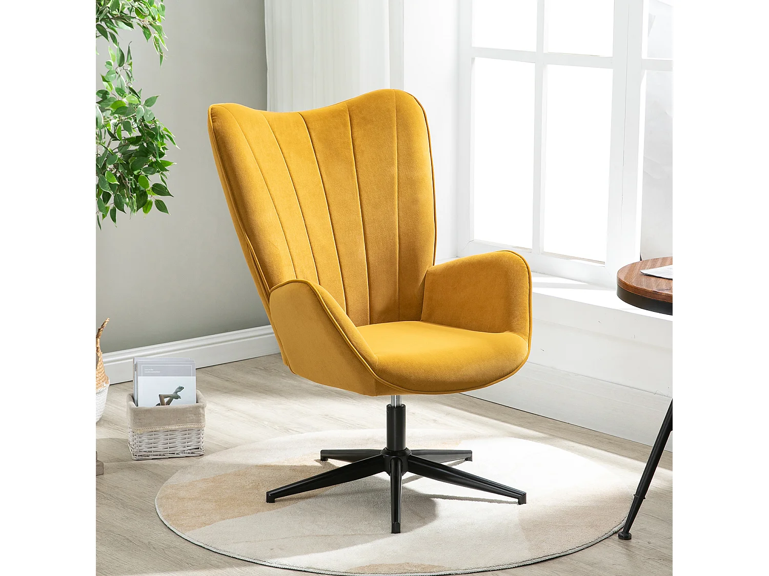 Fauteuil Scandinave Chaise Pivotant pour Bureau Salon Chambre avec Un revêtement en Tissu des Accoudoirs Rembourés, Métal, Jaune, 68x87x99cm