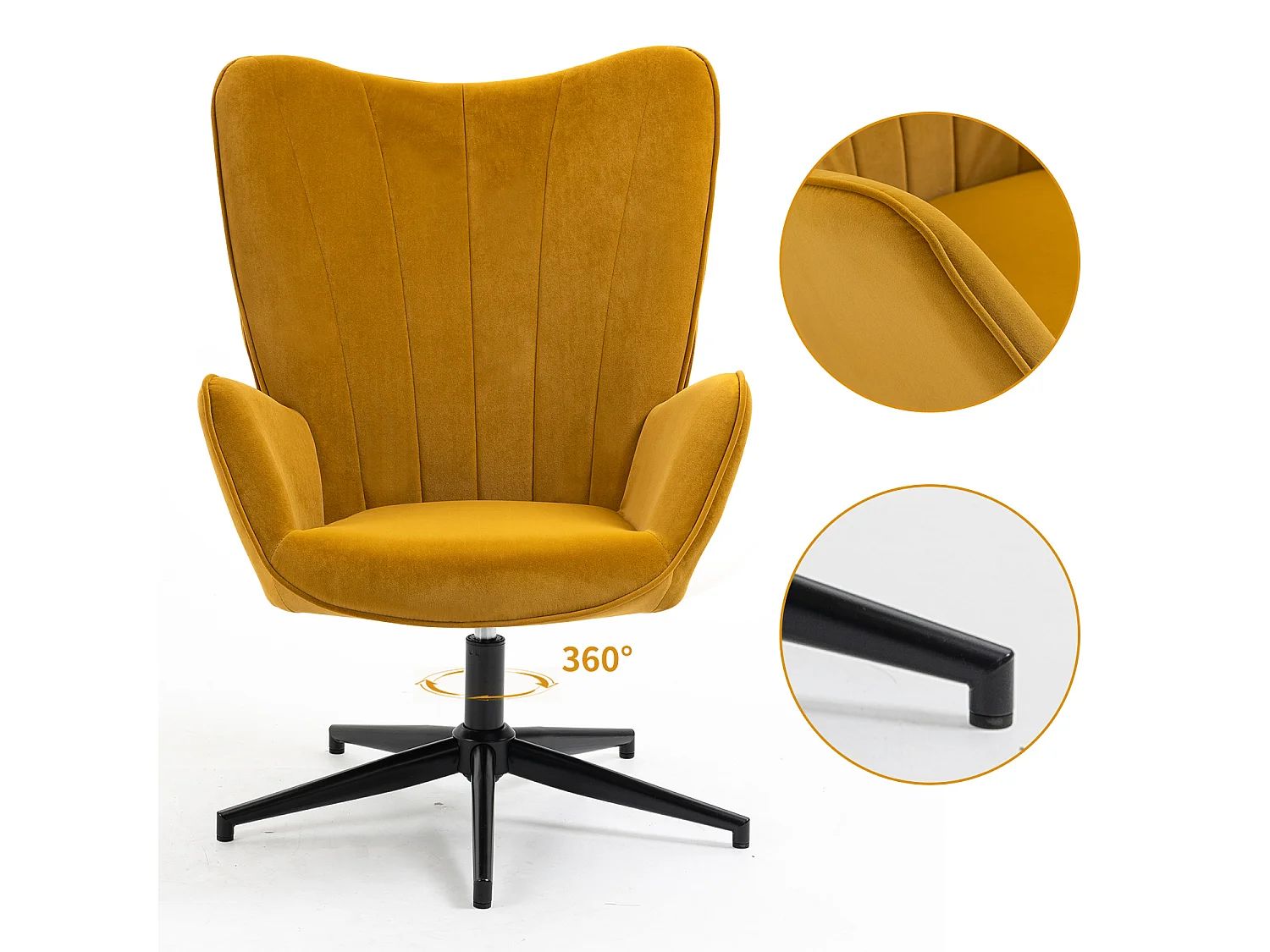 Fauteuil Scandinave Chaise Pivotant pour Bureau Salon Chambre avec Un revêtement en Tissu des Accoudoirs Rembourés, Métal, Jaune, 68x87x99cm
