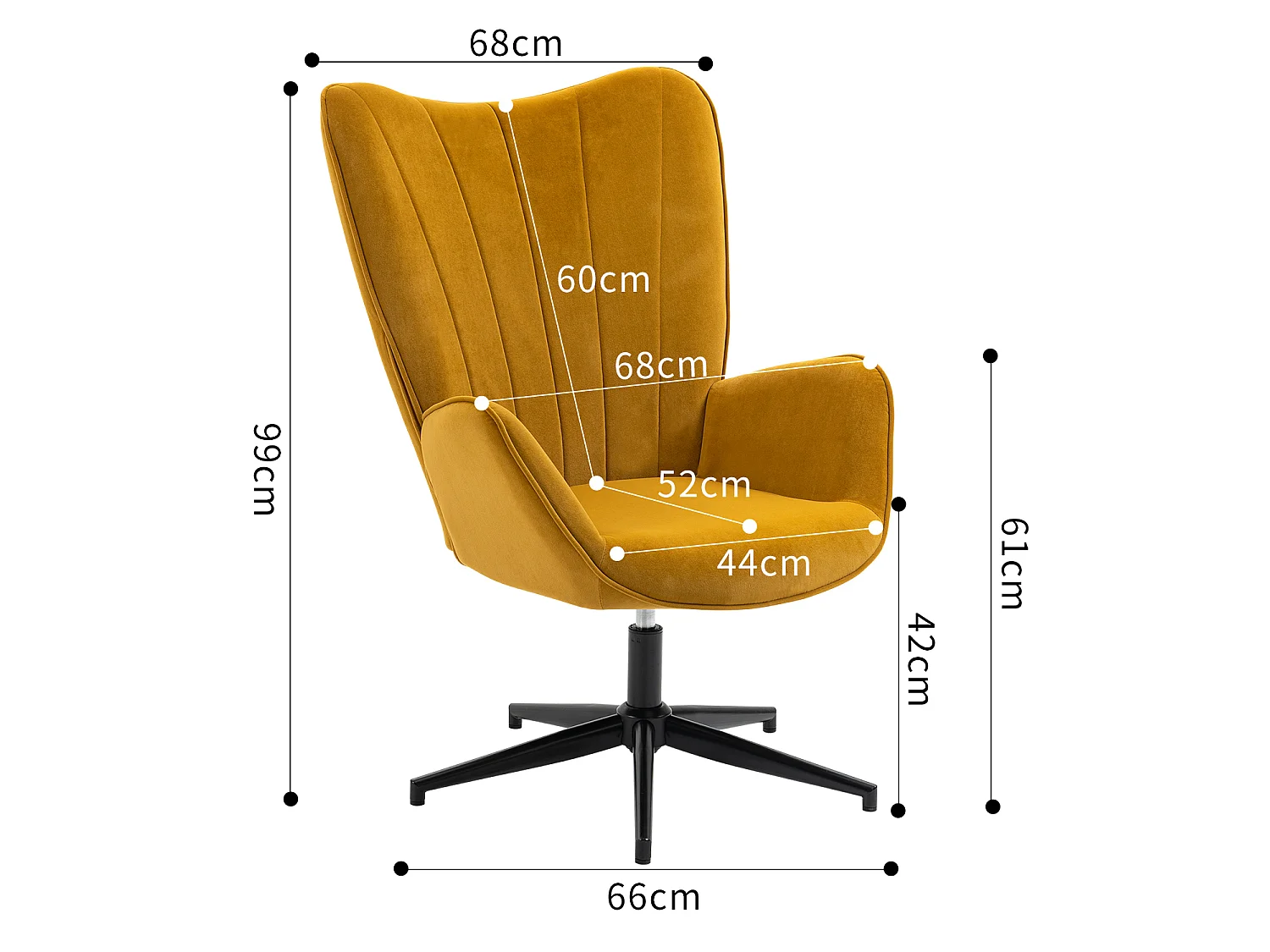 Fauteuil Scandinave Chaise Pivotant pour Bureau Salon Chambre avec Un revêtement en Tissu des Accoudoirs Rembourés, Métal, Jaune, 68x87x99cm
