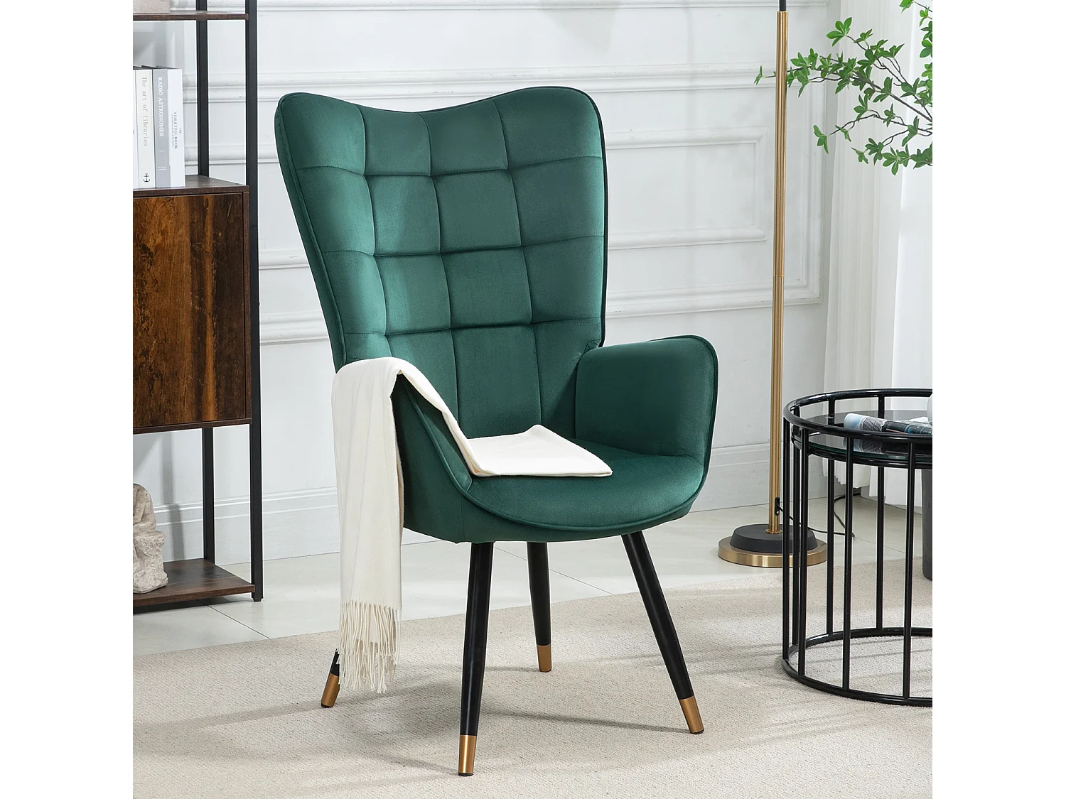 MEUBLES COSY Fauteuil scandinave confortable chaise de coiffeuse avec assise épaisse et accoudoirs rembourrés en velours, pieds en métal, Vert