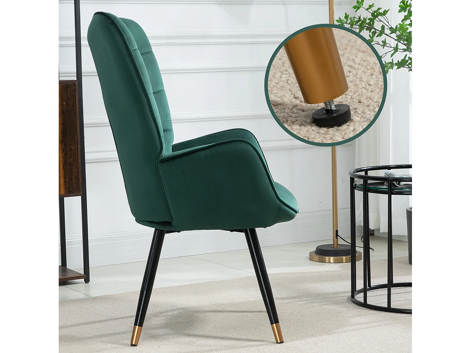 MEUBLES COSY Fauteuil scandinave confortable chaise de coiffeuse avec assise épaisse et accoudoirs rembourrés en velours, pieds en métal, Vert