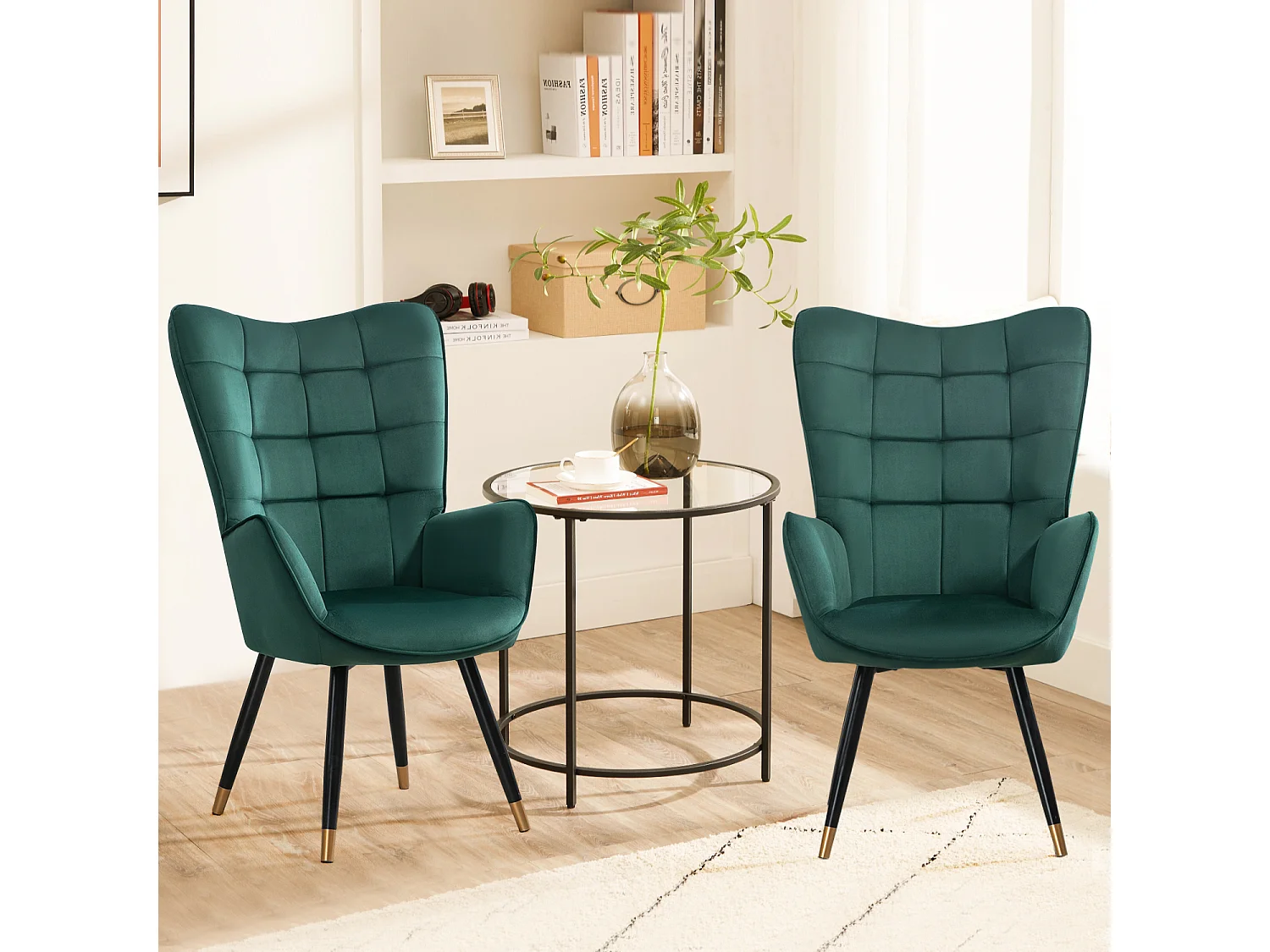 MEUBLES COSY Fauteuil scandinave confortable chaise de coiffeuse avec assise épaisse et accoudoirs rembourrés en velours, pieds en métal, Vert