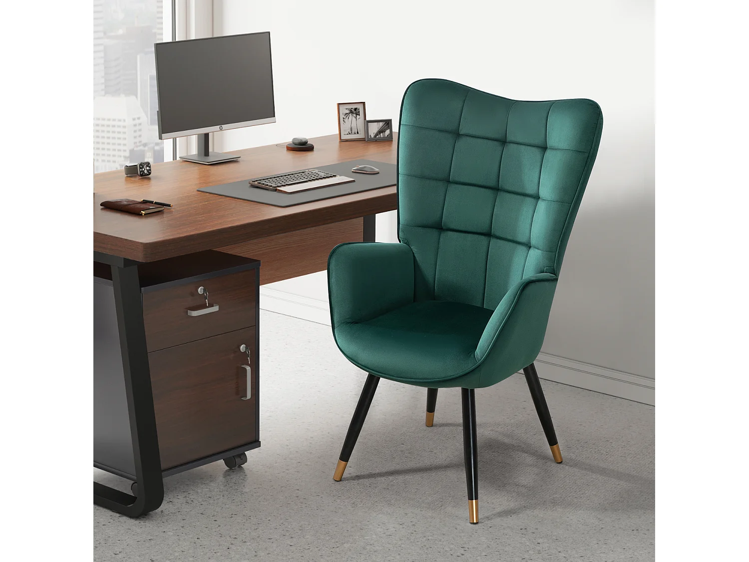 MEUBLES COSY Fauteuil scandinave confortable chaise de coiffeuse avec assise épaisse et accoudoirs rembourrés en velours, pieds en métal, Vert