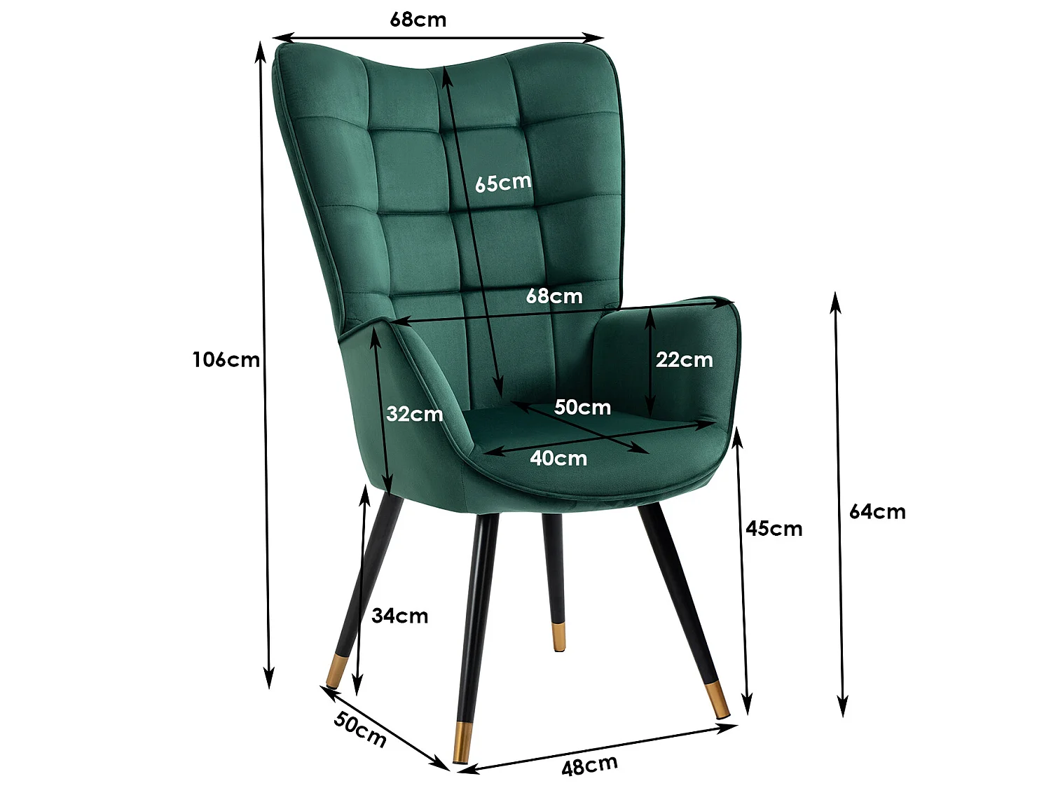 MEUBLES COSY Fauteuil scandinave confortable chaise de coiffeuse avec assise épaisse et accoudoirs rembourrés en velours, pieds en métal, Vert