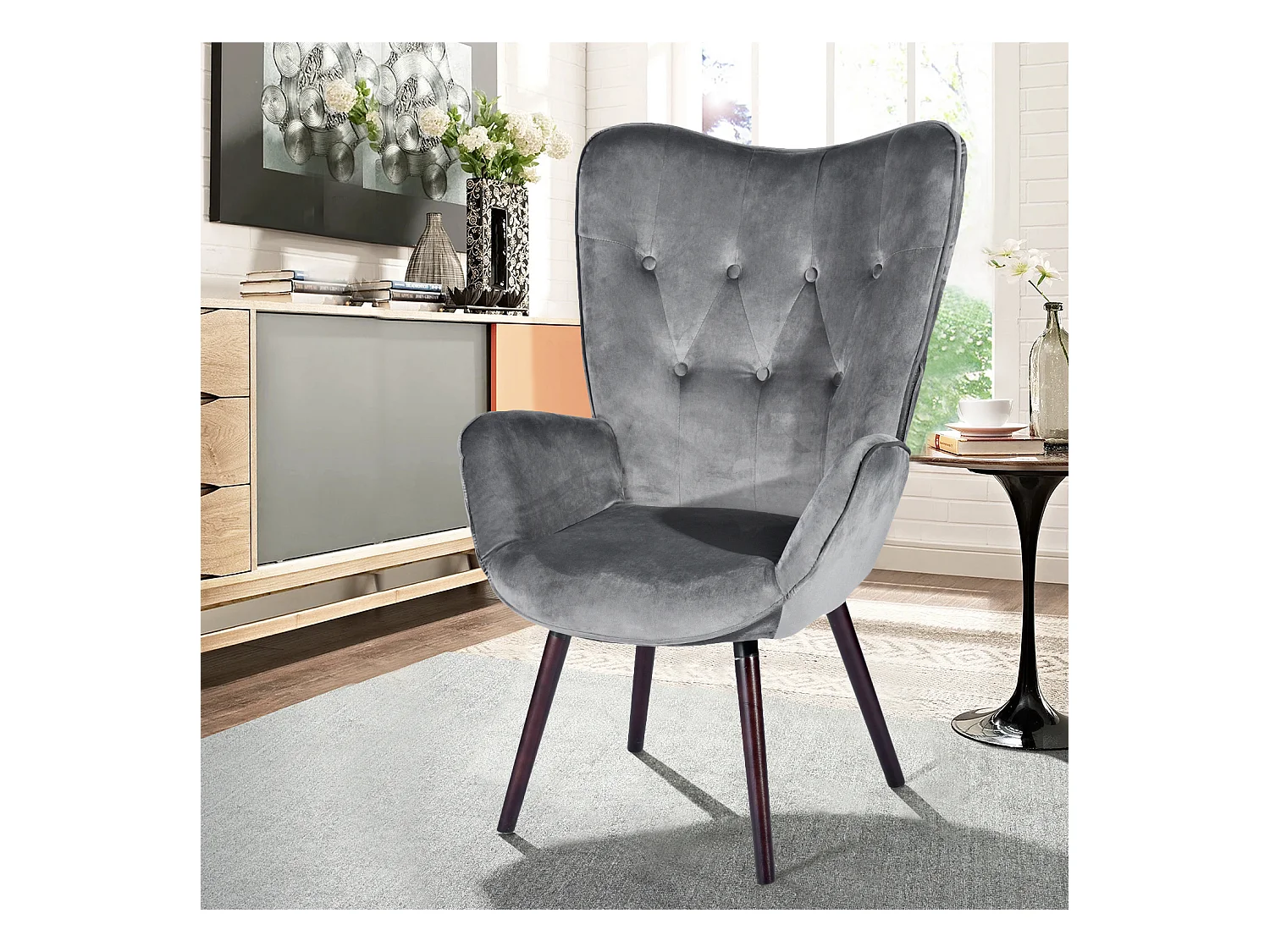 Fauteuil Chaise longue de style scandinave, recouverte de velours gris, accoudoirs rembourrés et pieds en bois massif (hêtre), pour le salon,