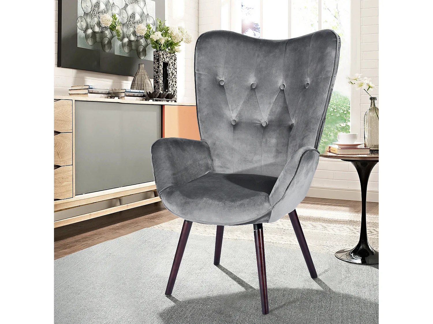 Fauteuil Chaise longue de style scandinave, recouverte de velours gris, accoudoirs rembourrés et pieds en bois massif (hêtre), pour le salon,